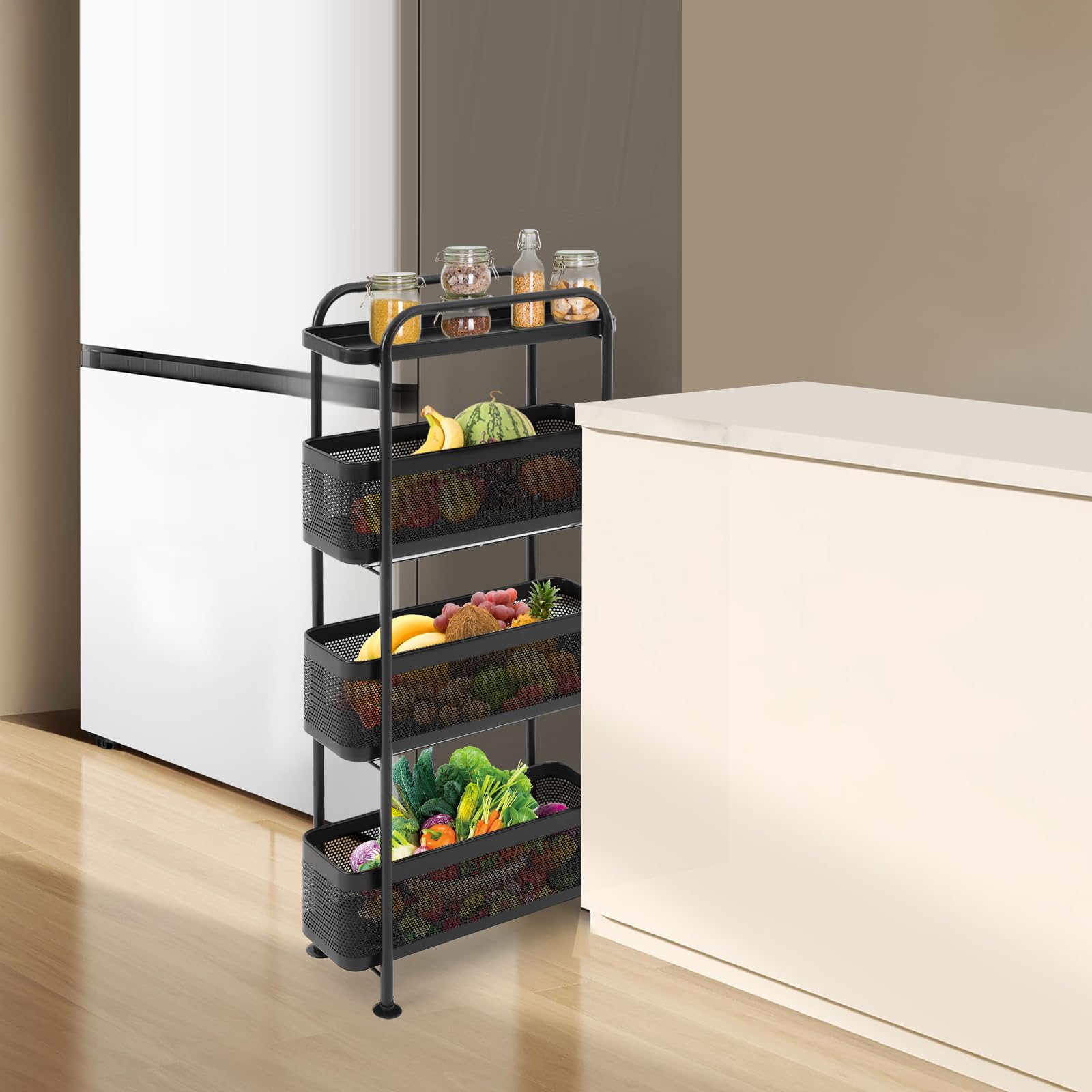Carrello da cucina sottile, 4 ripiani, con cestini estraibili, nero | Carrello portaoggetti stretto, salvaspazio per piccoli spazi, cucina, soggiorno, bagno, 40 x 15 x 89,5 cm