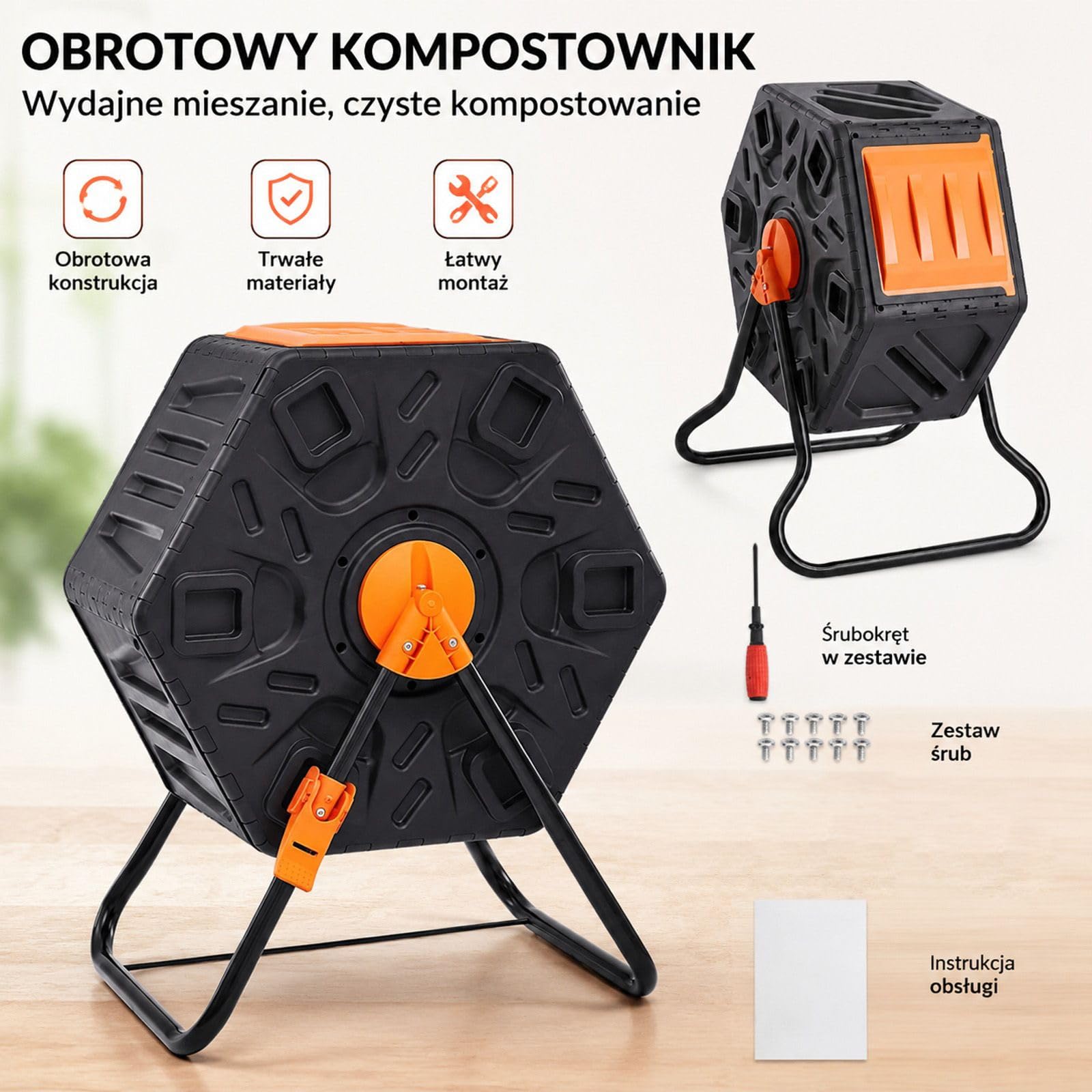 Obrotowy kompostownik ogrodowy 70 l z bębnem obracanym o 360°, konstrukcja z PP i Q235B, w zestawie rękawice
