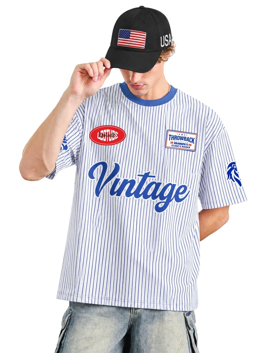 leotude Men's Vintage Pinstripe Sports Jersey | Blue & White Striped Graphic Tee | Round Neck Half Sleeve Casual Jersey Style T-Shirt | Number 10 Back Print (Color: Navy)-picture-34
