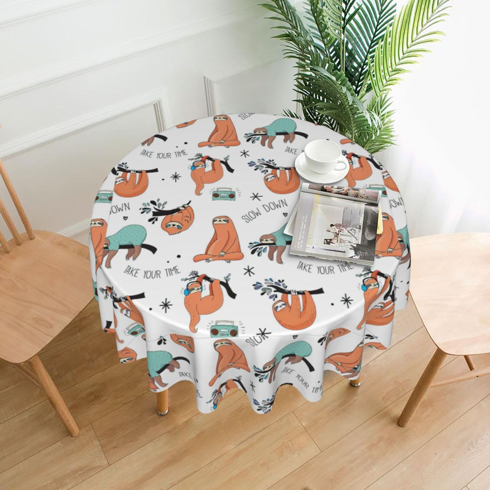 Zcmkjlg funny Cute Animal Sloth Music Print Quick Ship Round Tablecloth 60in Polyester Washable Cover for Dining Room