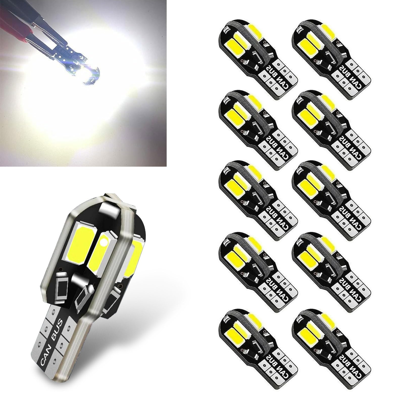 10 PCS LED Car Interior Bulb, T10-5730-8SMD Indicator Light, 12V Car Side Wedge Light, 6500K Error Free Lamp for Map Dome Courtesy License Plate Side Marker Light (White)