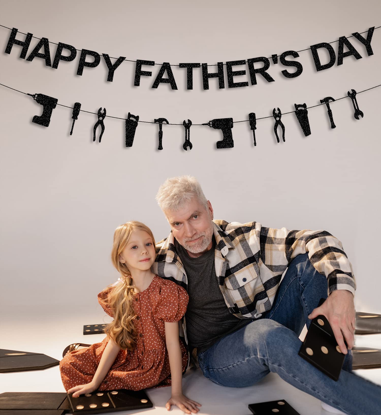 CAVLA Father's Day Banner – Glitzerndes Happy Father’s Day Dekobanner Mit Werkzeug-Motiven, 3 Meter, Schwarz