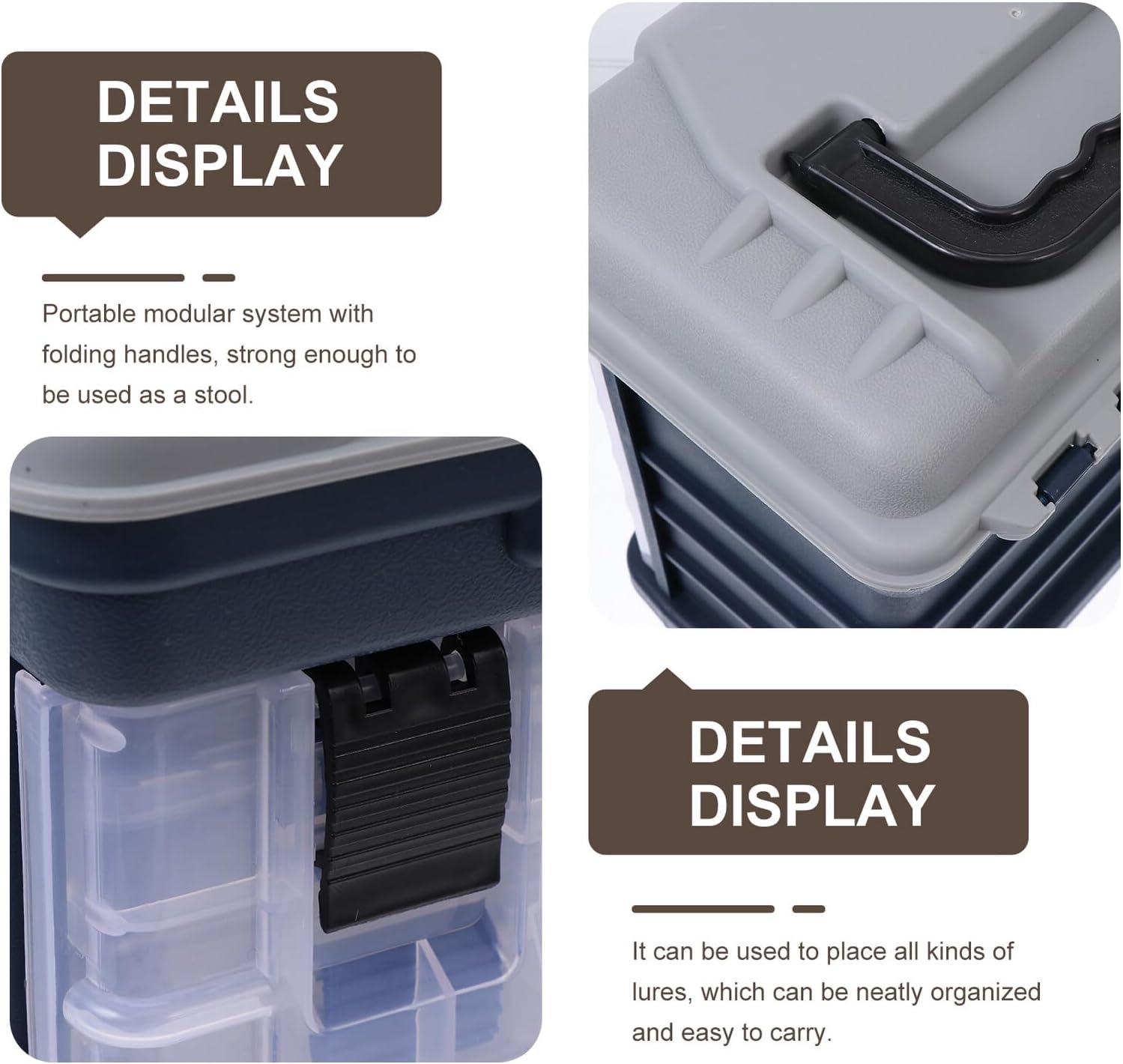 DOITOOL Fishing Tackle Box with 4-layer Storage Portable Gray Plastic Bait Box with Handle Multifunctional Fishing Tools Organizer