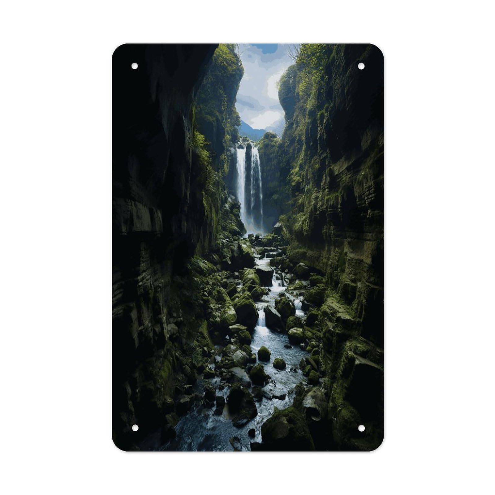 LDGSUPH Waterfall Cliff Wall Art Prints Folded Edge Iron Sheet Painting with Holes for Wall Prints Decorative Picture Metal Signboard Decor Painting for Outdoor Indoor Wall Decor