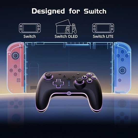 Switch Controller Compatible with Switch 2/Lite/OLED/mit Cooler RGB-Beleuchtung 2 Makro-Tasten Bewegungssensor Einstellbarer Turbo-Funktion und Vibration 800mAh Akku