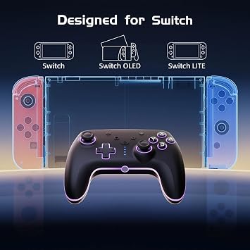 Switch Controller Compatible with Switch 2/Lite/OLED/mit Cooler RGB-Beleuchtung 2 Makro-Tasten Bewegungssensor Einstellbarer Turbo-Funktion und Vibration 800mAh Akku