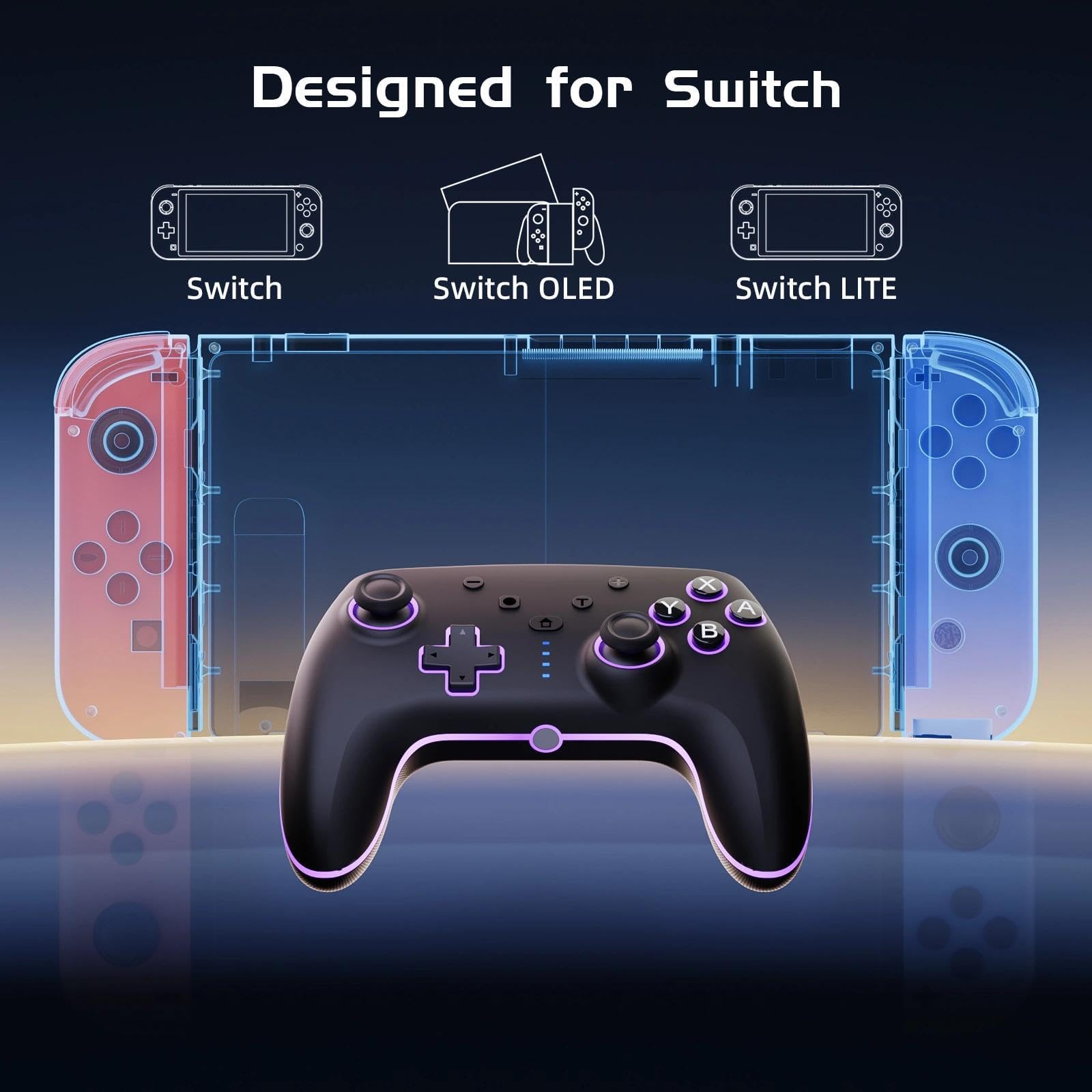 RivalPlay Wireless Controller per Switch con Illuminazione RGB, 2 Pulsanti Macro, Associazione con Un Pulsante, Sensore di Movimento, Funzione Turbo Regolabile, Batteria da 800 mAh