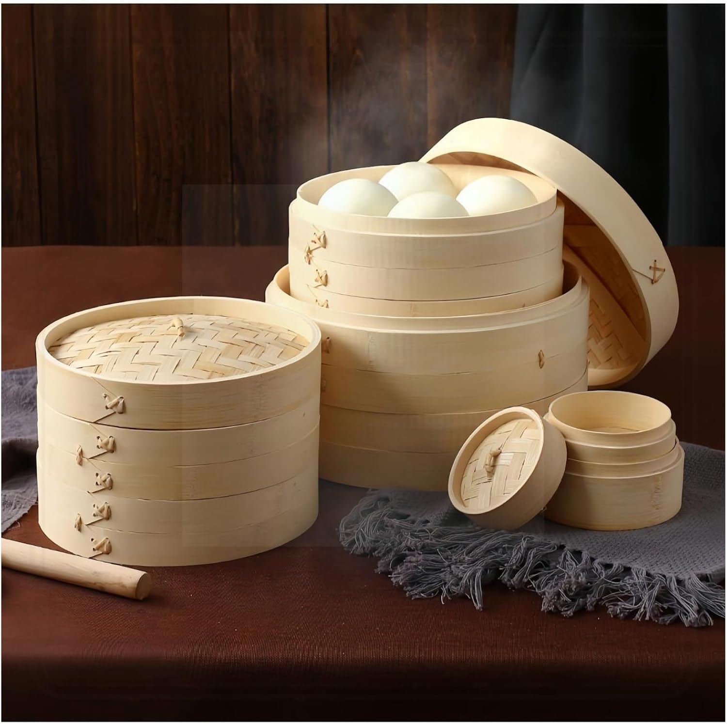 竹製せいろ 蒸し器 本体3段＋蓋1個セット | 30cm 大容量 蒸籠 | 餃子・小籠包・饅頭・点心調理に最適 | 蒸し料理用 中華