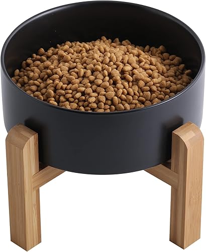 Cuenco negro elevado de cerámica para perros con soporte de madera para razas medianas y grandes, plato de agua de comida para perros pesado, 8