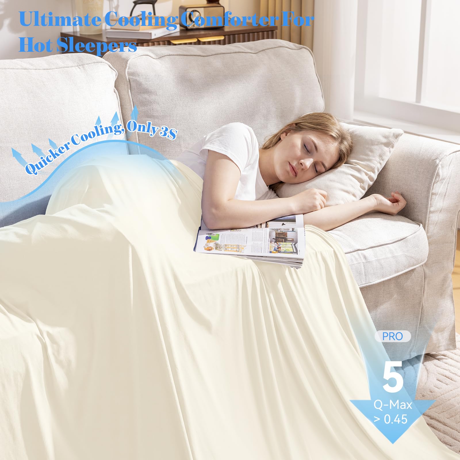 Couverture fraîche Q Max>0,45 - Couverture rafraîchissante pour lit, canapé - pour dormeurs Chauds - Confortable et légère, Beige-texturé, 213x228cm