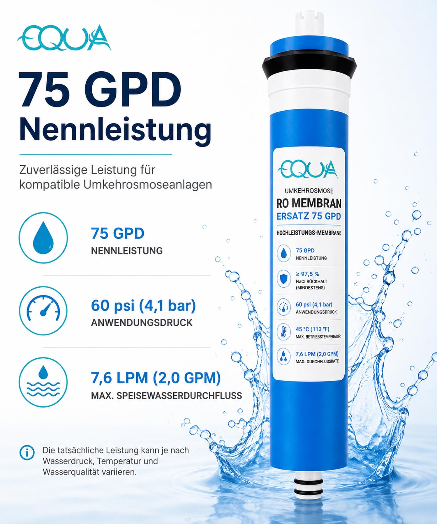 RO Umkehrosmose Membran Wasserfilter 75 GPD, Universal Kompatibel - 4 TLG