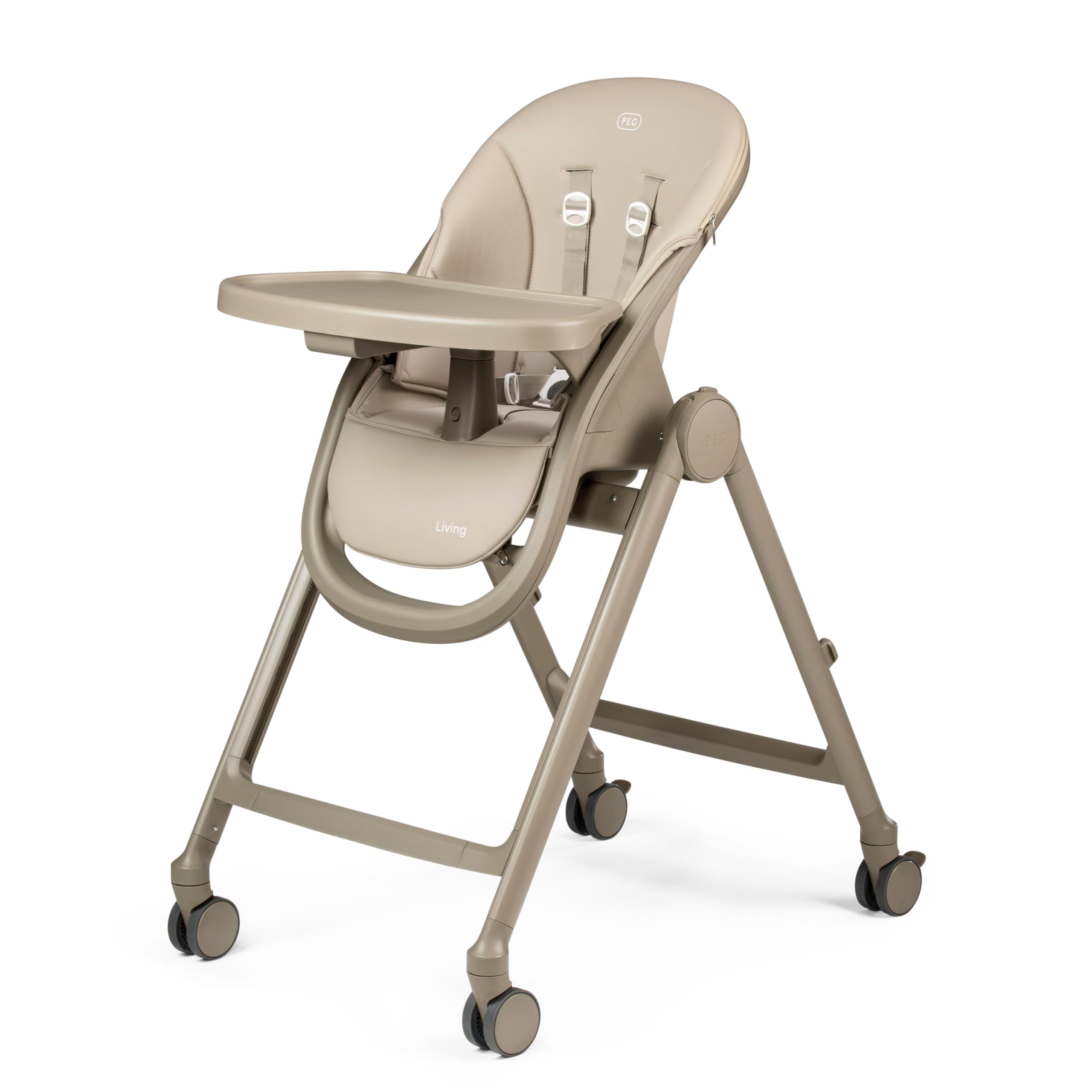 PEG Living Seggiolone Pappa dalla Nascita, Design Contemporaneo, Funzione Sdraietta, Altezza Regolabile, Doppio Vassoio, 4 Ruote 360°, Chiusura Compatta, 0–3 Anni (0–15 kg), Space Sand