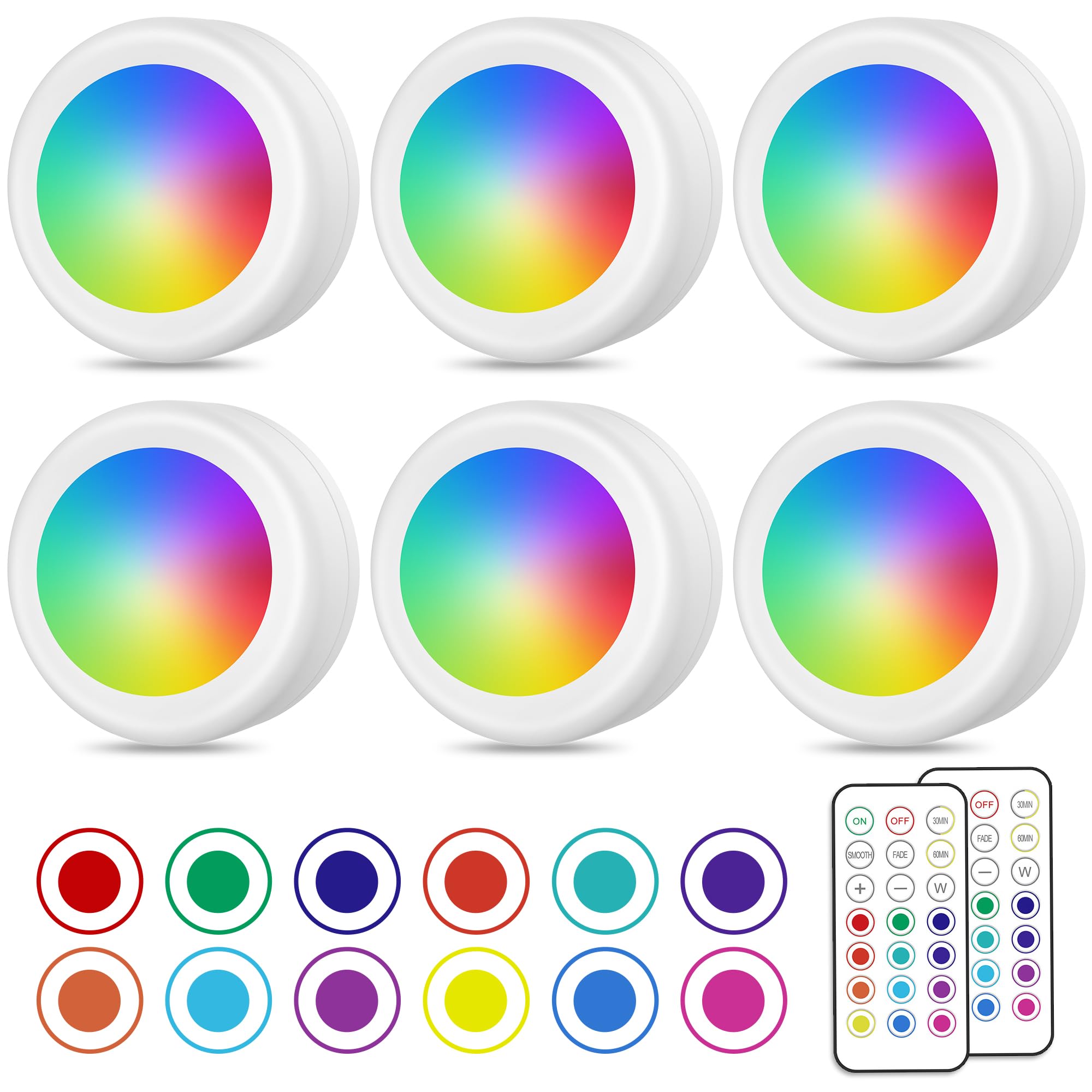 PURSNIC Wireless LED Lights, 16 Colour Changing Under Cabinet Kitchen Lights with 2 Remote Controls, Battery Powered Lights with Timer, Brightness Adjustable Battery Wall Lights Indoor, 6 Pack [Energy Class G]