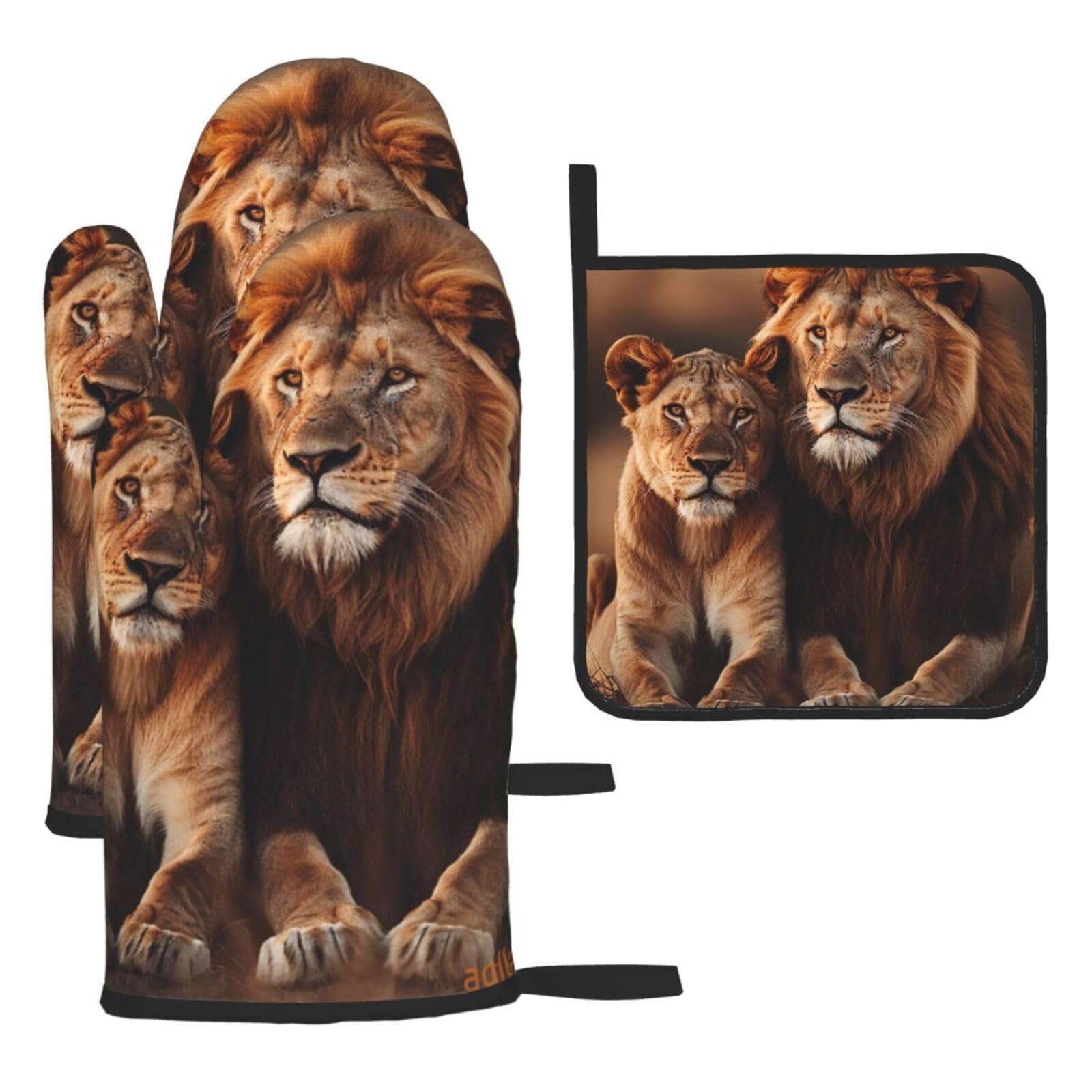 Oven Mitts and Pot Holders Set of 3 Heat Resistant Non-Slip Kitchen Gloves Hot Pads African Lion and Lioness Mittens Gloves Non-Slip Potholders for Cooking Baking Grilling BBQ