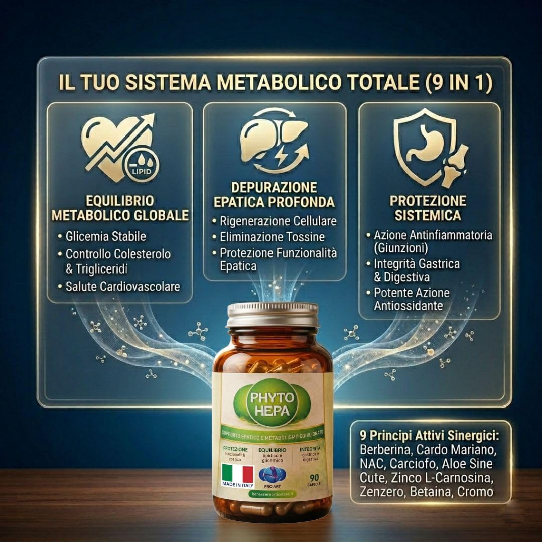 PRO ART Phyto Hepa Berberina e Cardo Mariano Integratore Fegato con Supporto Glicemia e Colesterolo, Nuova Formula con 9 Principi Attivi ad Alta Biodisponibilità Made in Italy