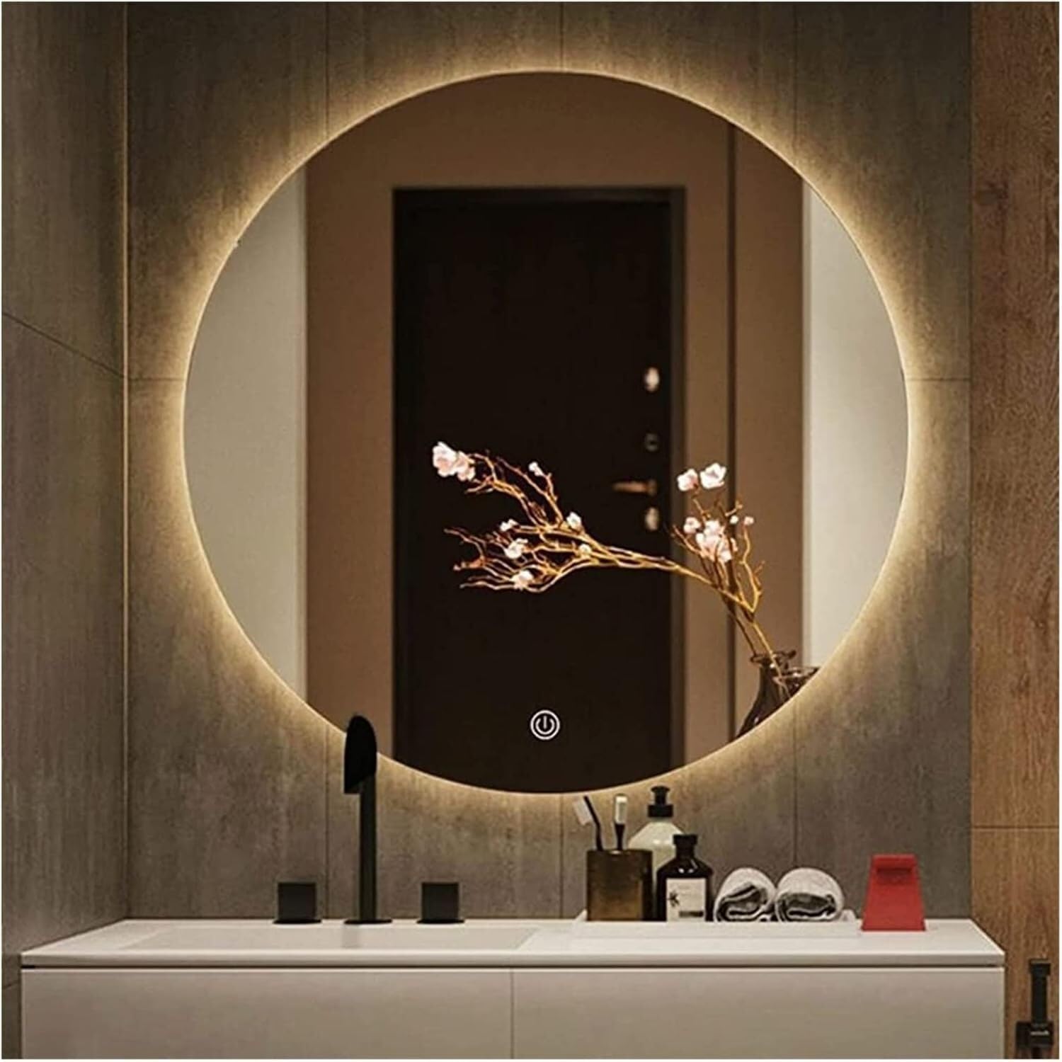 Lustro łazienkowe LED ze światłami, okrągłe, 50 cm (20 cali) podświetlane lusterko kosmetyczne podświetlane lusterko do makijażu, ciepłe / białe światło, montowane na ścianie, ciepłe światło