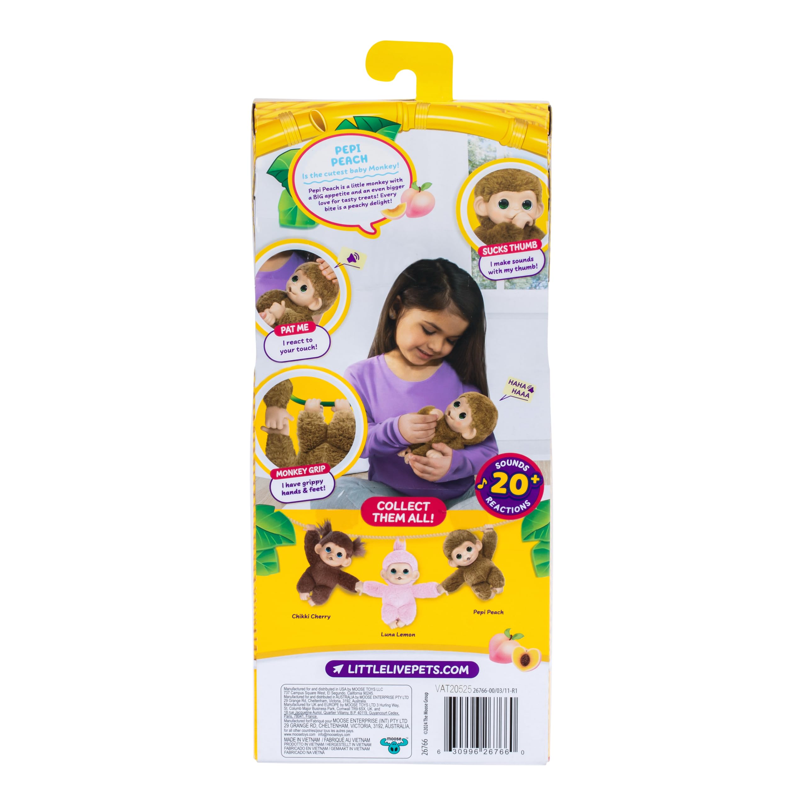 Little Live Pets Baby Monkey Minis - Pepi Peach. Interaktywna zabawka dla zwierząt domowych. Ponad 20 dźwięków i reakcji. Miękkie brązowe futro, 18,8 cm wysokości. Super realistyczny. Karmić