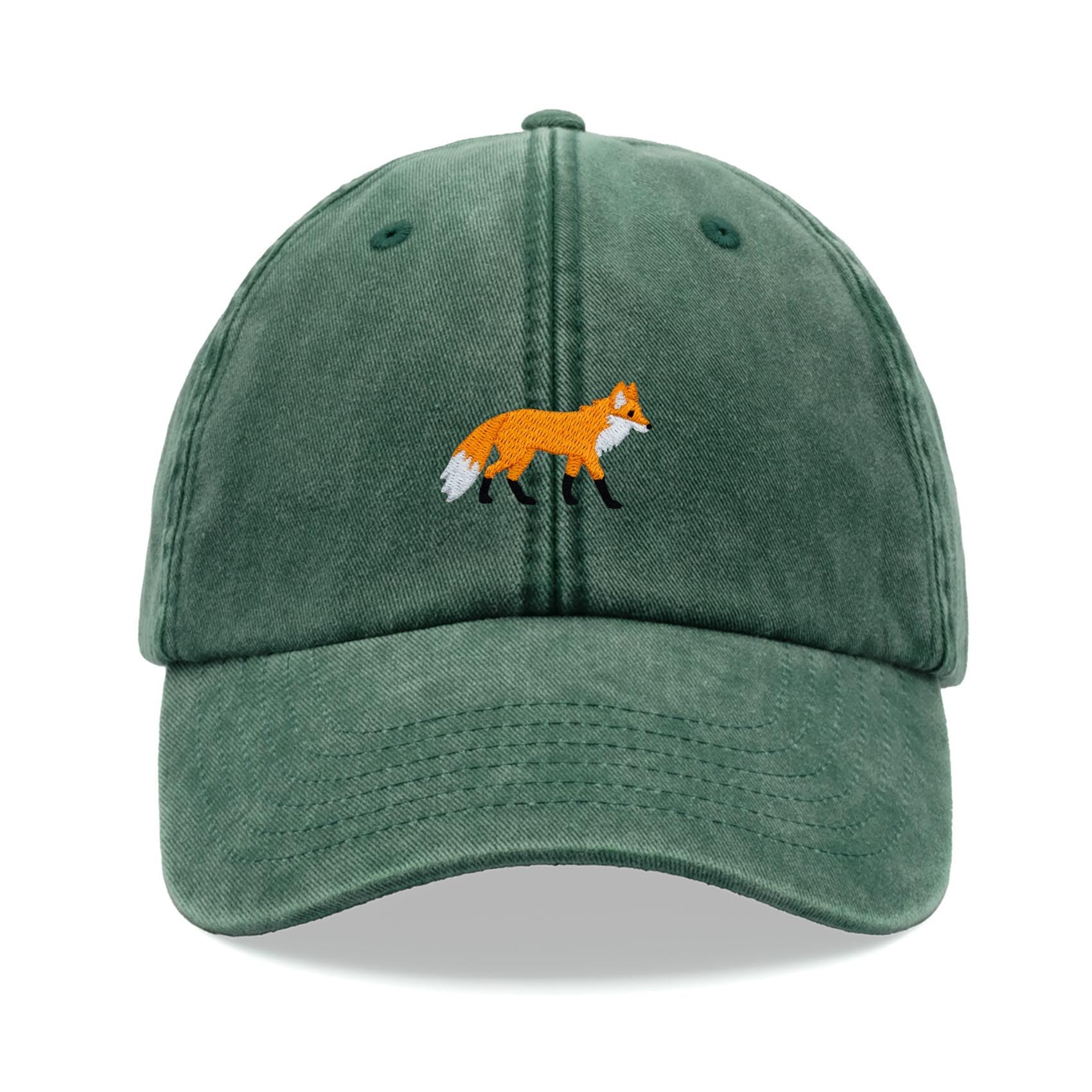Fox Baseball Cap Vintage Washed Unisex Dad Hat Adjustable Bottle Green