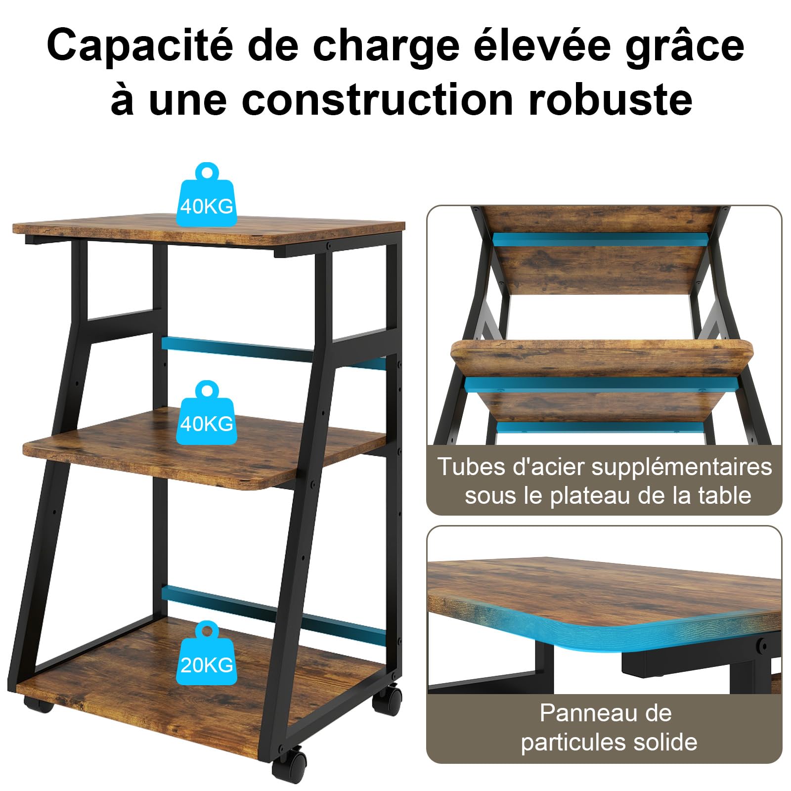 PUNCIA Meuble Imprimante à 3 Niveaux Support Imprimante 3D Caisson Bureau | en Bois Banette de Rangement avec Étagère Réglable Meuble de Rangement avec Roulette pour Bureau à Domicile (Marron)