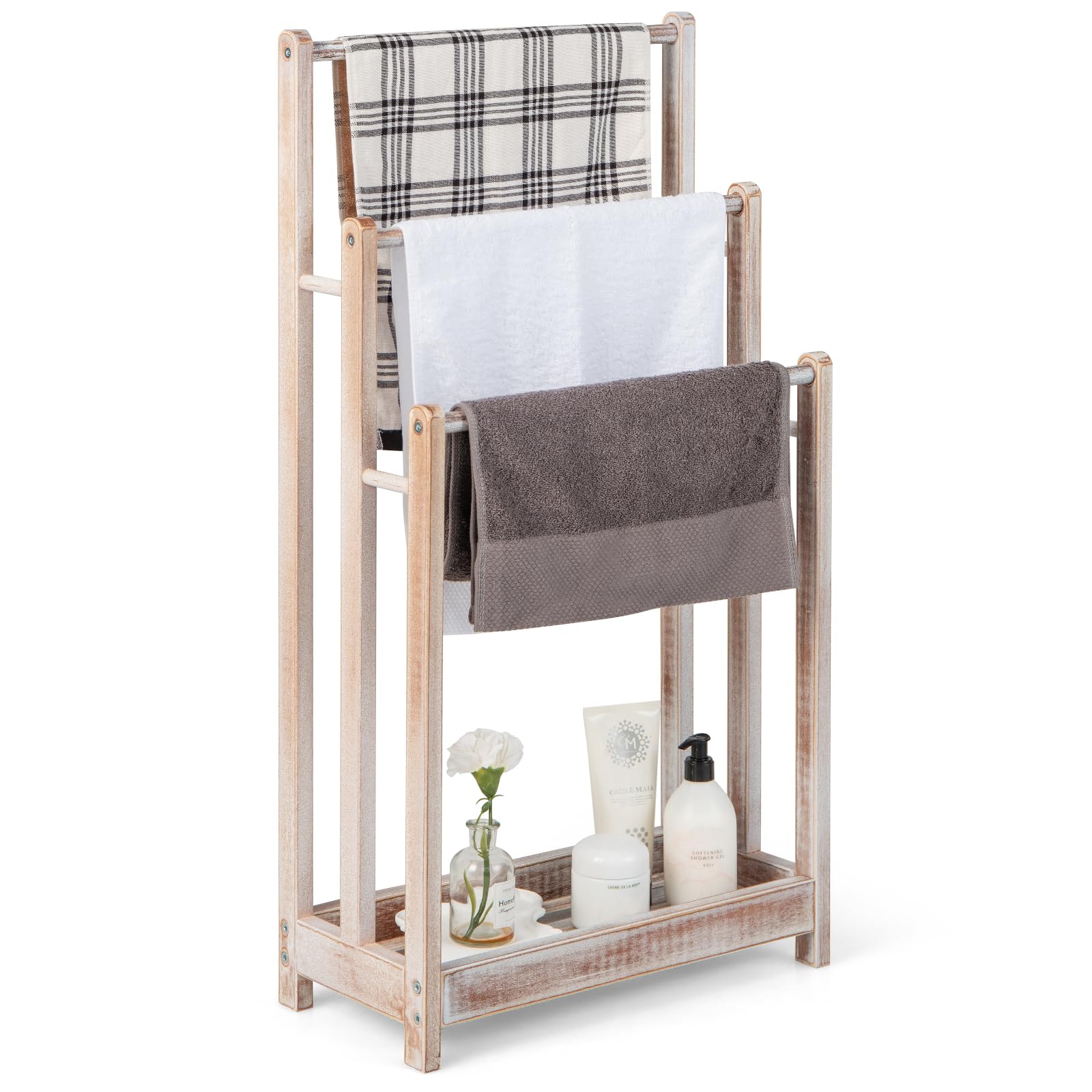 Multigot 3-Tier Towel Rack, Freestanding Bathroom Towel Rail with Bottom Shelf and Anti-toppling Device, Modern Rust-Resistant Bathroom Organizer (Vintage White)