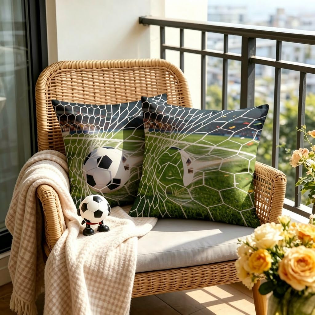 Soccer Football in Goal Net Linen Throw Pillow Covers-18x18