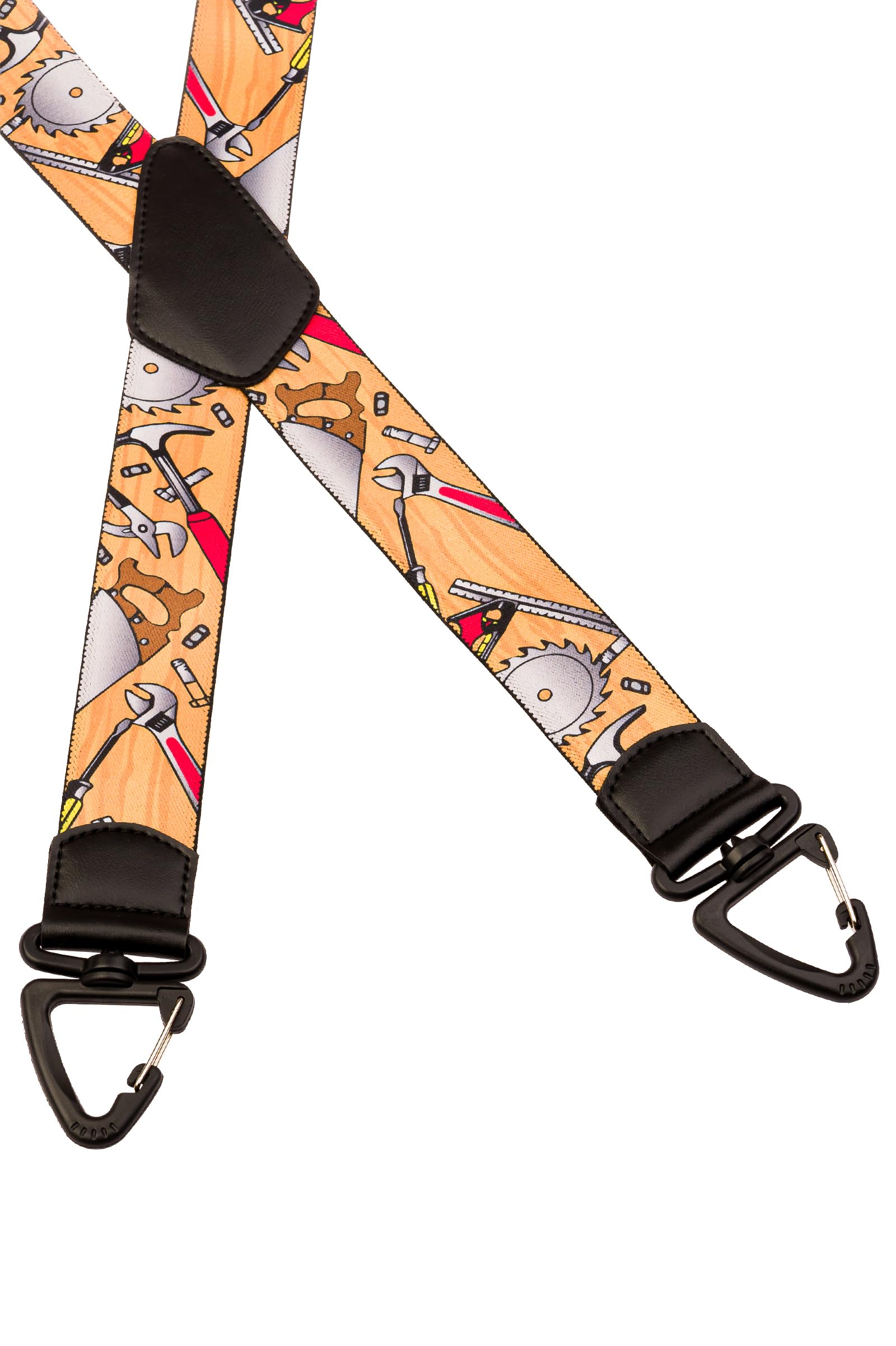 Bretelle da Uomo a X/Y, Attrezzi Moschettoni in Plastica, 40 mm | Bretelle a X o Y da 40 mm regolabili con motivo attrezzi, moschettoni e incrocio in pelle; sicure e versatili.