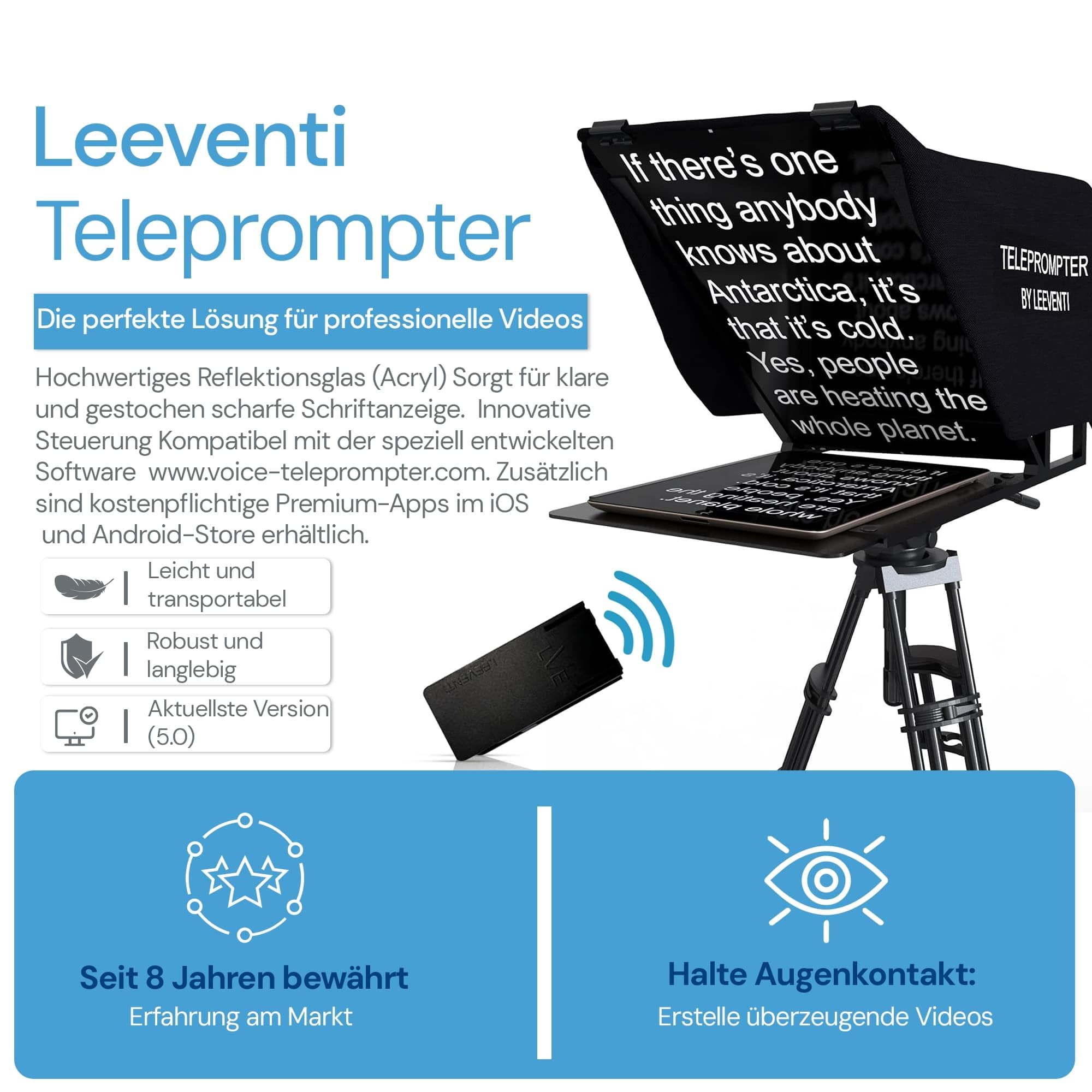Teleprompter Kompatibel mit iPad, Tablet, Smartphone und DSLR Kamera, Steuerung per Fernbedienung oder App Kompatibel mit Android und IOS, Ideal für Videoaufnahmen (Version 5.0)