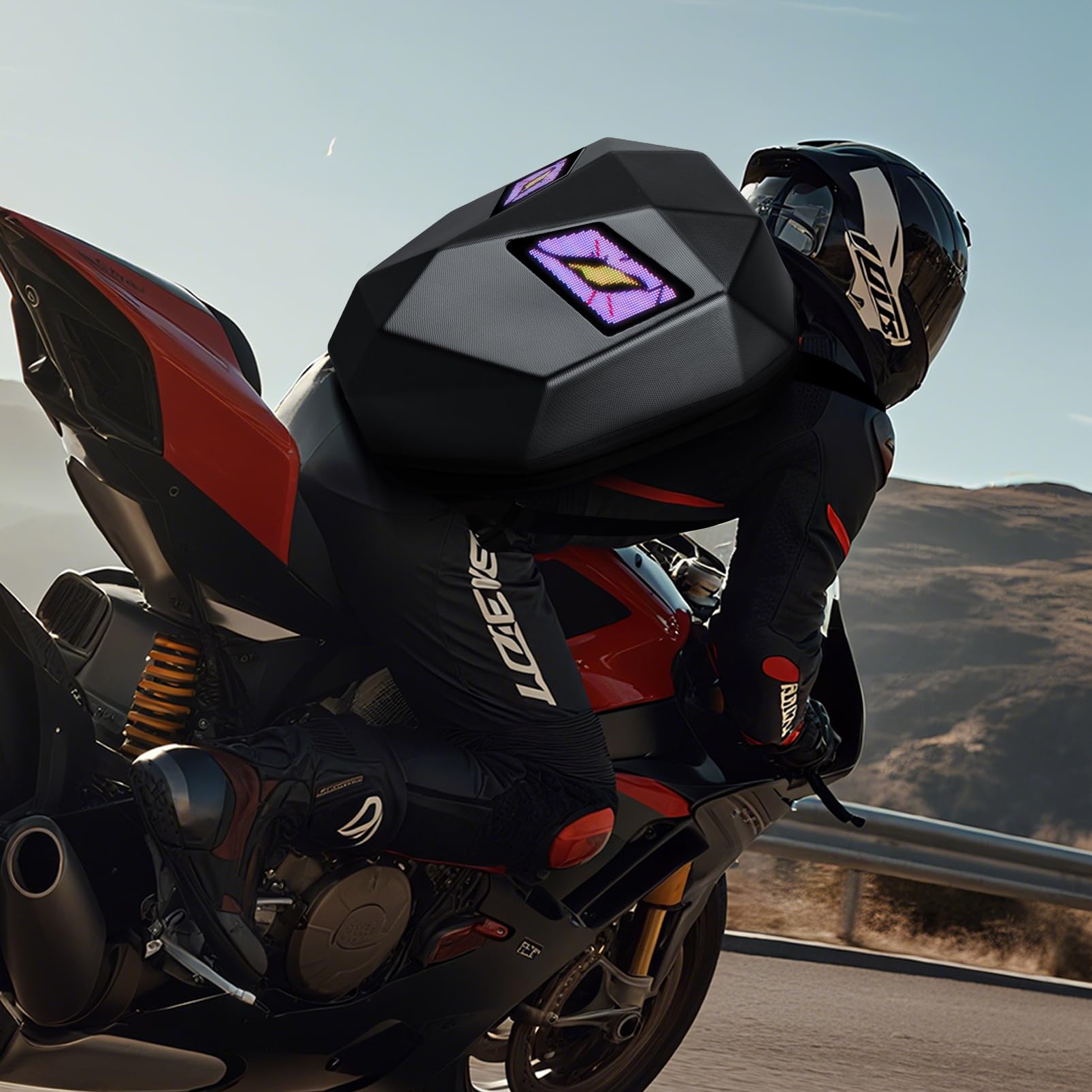 Sac à dos LED pour motard homme, Sac à dos de moto étanche avec ordinateur portable, Affichage couleur complet et yeux programmables DIY,Noir