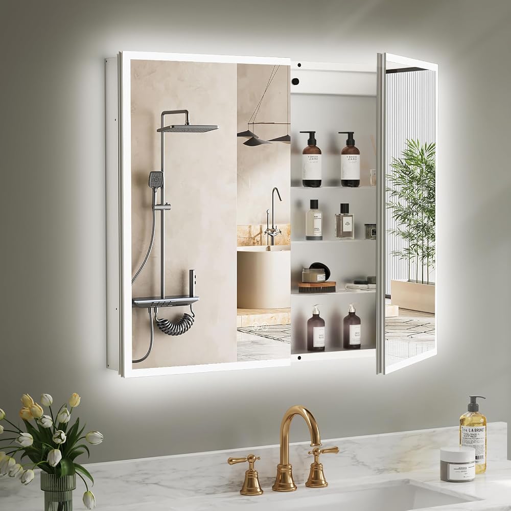 LED 약 캐비닛 거울 76.2 x 91.4cm(30 x 36인치), 조명 약 캐비닛, 3가지 색상 조도 조절 가능한 조명, 디포그, 조명 내장 2칸, 감지 조명, 콘센트 2개, 매입형 또는 벽 마운트 — 사진 1