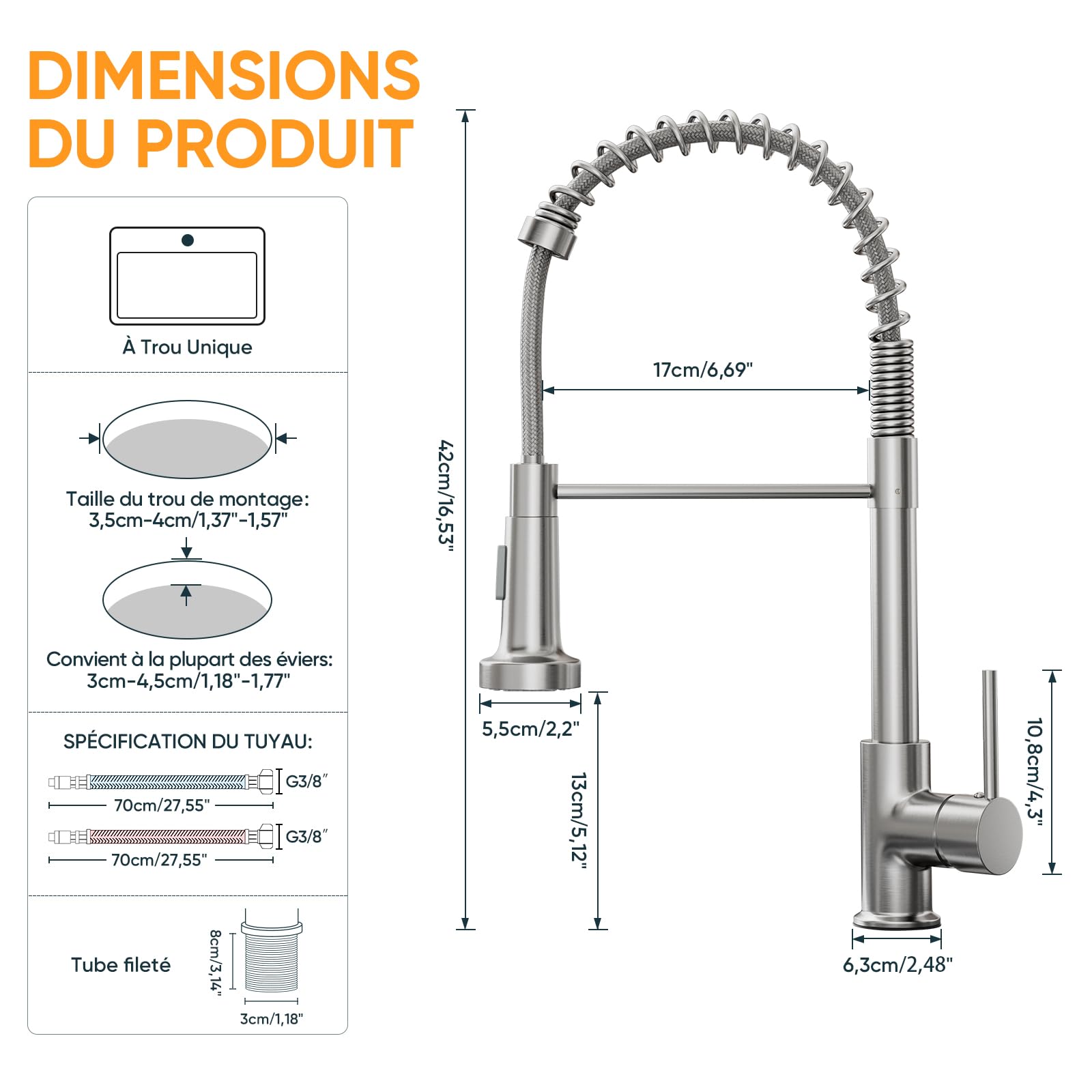 BESy Robinet de Cuisine avec Douchette Extractible, Pulvérisateur Escamotable à 2 Modes de Pulvérisation, Mitigeur Évier Monocommande 360° Pivotant à Arc Élevé, Nickel Brossé