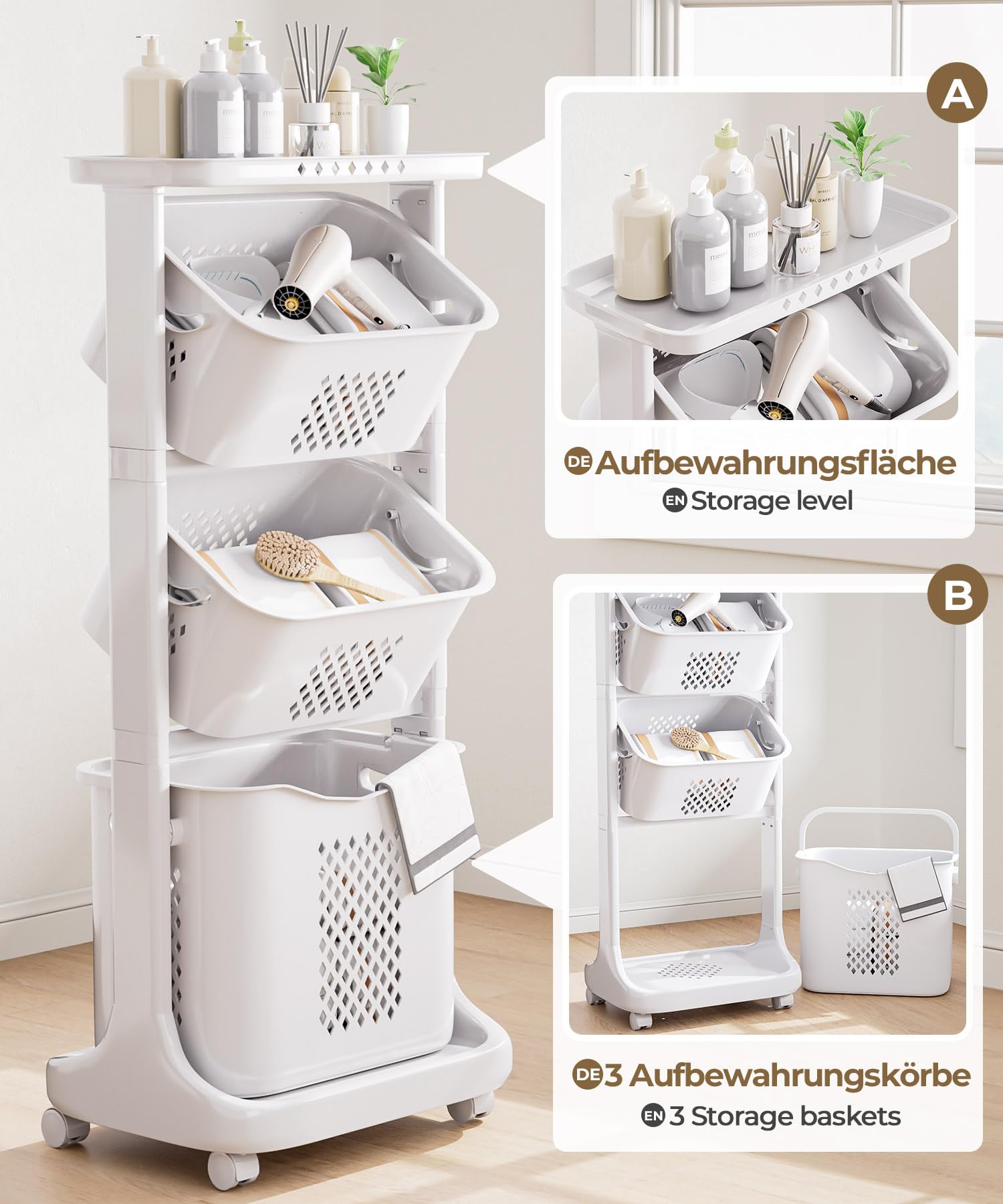 Yorbay Cesta Portabiancheria con Ruota e Manico, 3 Ceste Estraibili, Cesto per Vestiti Sporchi, per Giocattoli, Bagno, Camera, Mobile, 108.8x32.8x43.7cm, Grigio