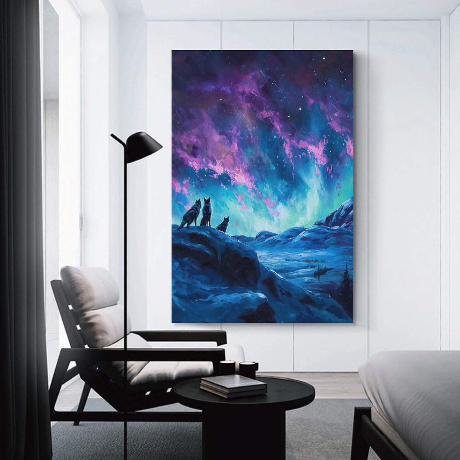 Junmoney Unframe-Style-5 Wolves Under Aurora Borealis Painting Canvas Wall Decor, 24X36inch(60X90cm), For Wall Displays, Bedrooms Or Room Updates, Wall Decor Suited To Curated Displays