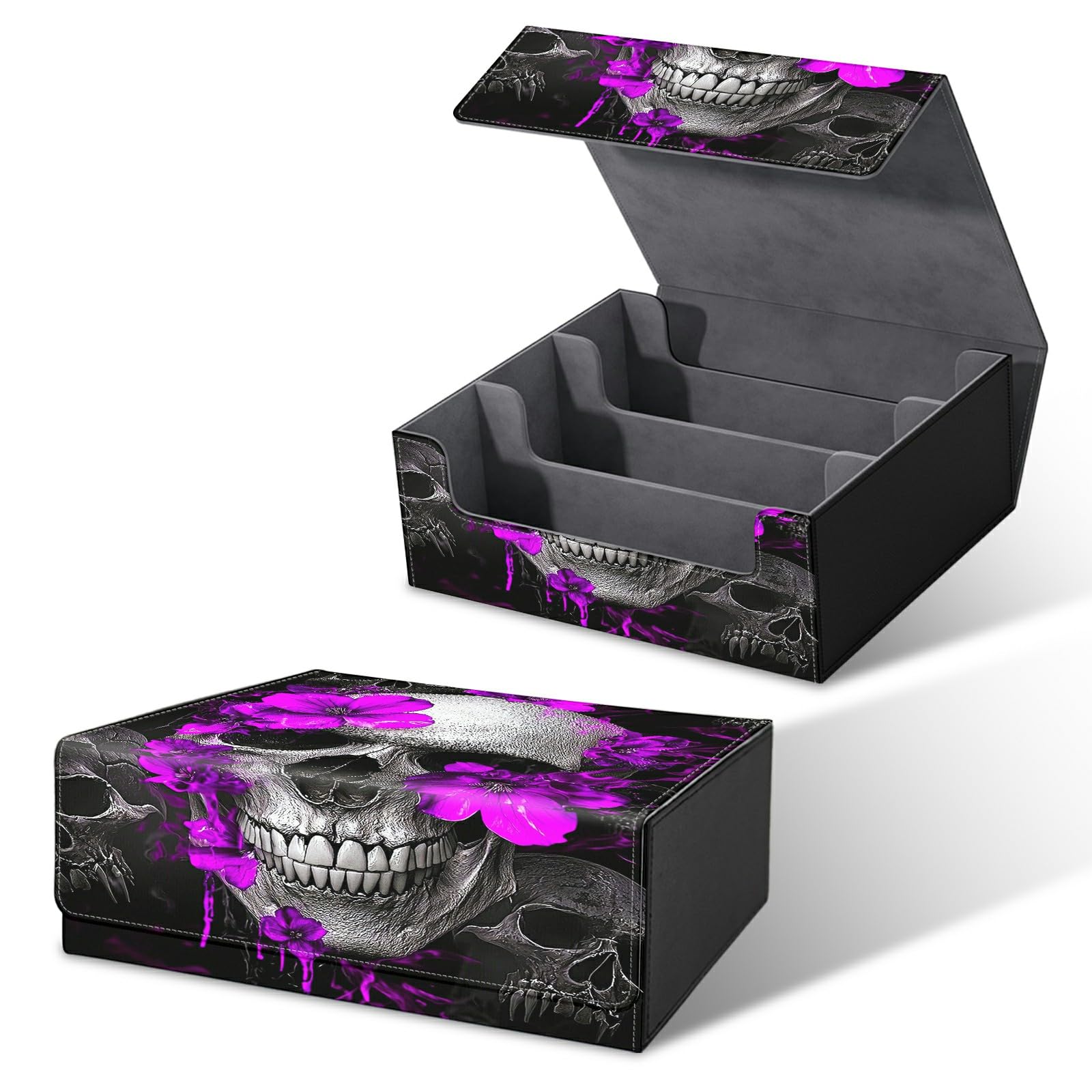 RWUTYTIUL Card Deck Box for MTG, Cards Storage Box Fits 120+ Sleeved, Leather Big Size Strong Magnetic Closing Case for Board Games Magic TCG CCG Baseball Collection Women Man, Skull Purple Flower