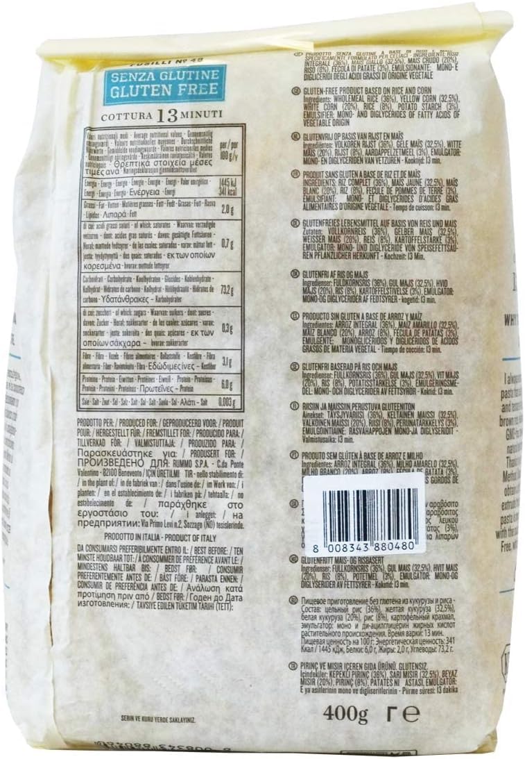 Italian Gourmet Pasta Fusilli senza glutine glutenfrei Nudeln 20 x 400g | Aus Mais und Reis, cottura al dente, ideale per primi piatti e Aufläufe, Gesamtnettogewicht 8 kg + Kostenlos Polpa 400g