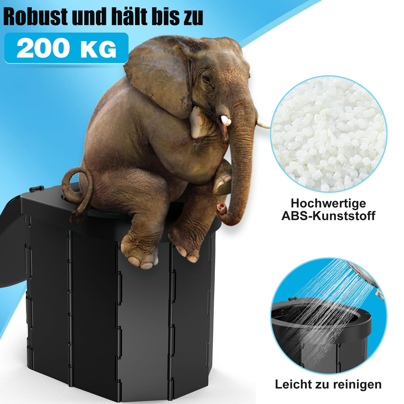 WADEO Tragbare Campingtoilette mit Deckel, Faltbare Toilette mit Belastbarkeit bis zu 200kg, Mobiltoilette Falttoilette mit Toilettenbeutel und Papierhalter, ideal für Camping Wandern Reisen Angeln