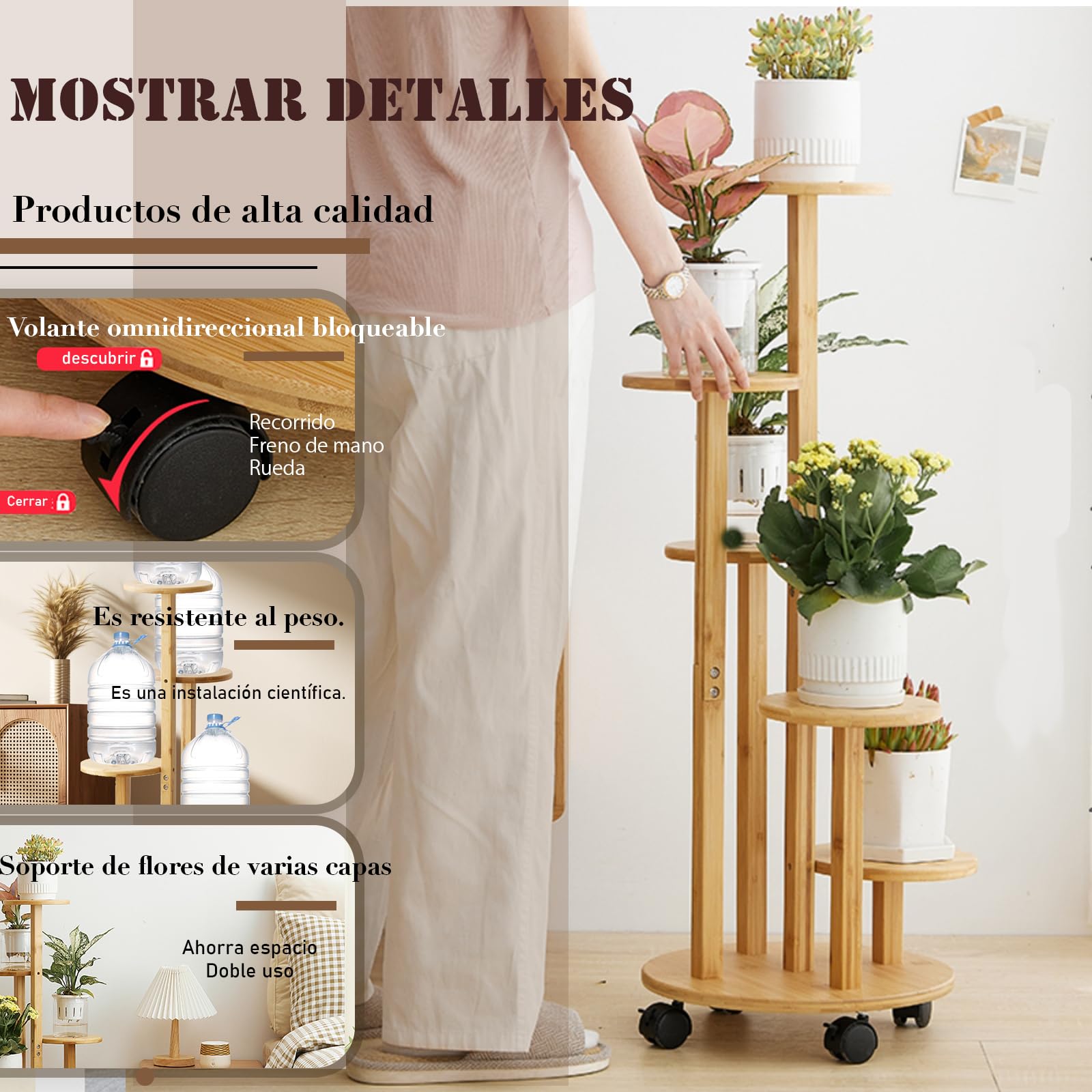 Soporte para flores de bambú con ruedas, 5 niveles, 90 cm, estantería esquinera de madera para plantas, para balcón y exterior, chasis de 33 cm de diámetro