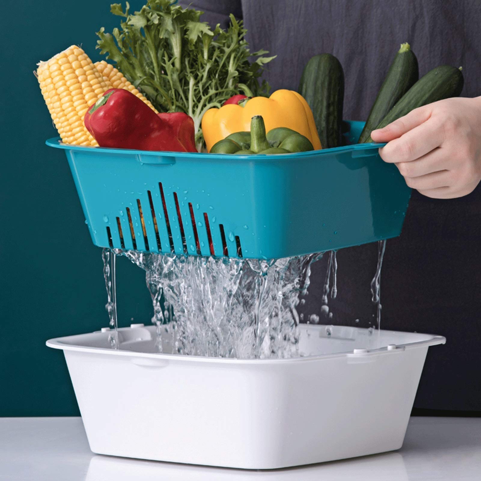 Colador, colador, colador, colador, colador, colador, colador, cesta de drenaje, cesta de drenaje de plástico 2 en 1, cesta cuadrada for frutas y verduras, recipiente de filtro desmontable con gancho