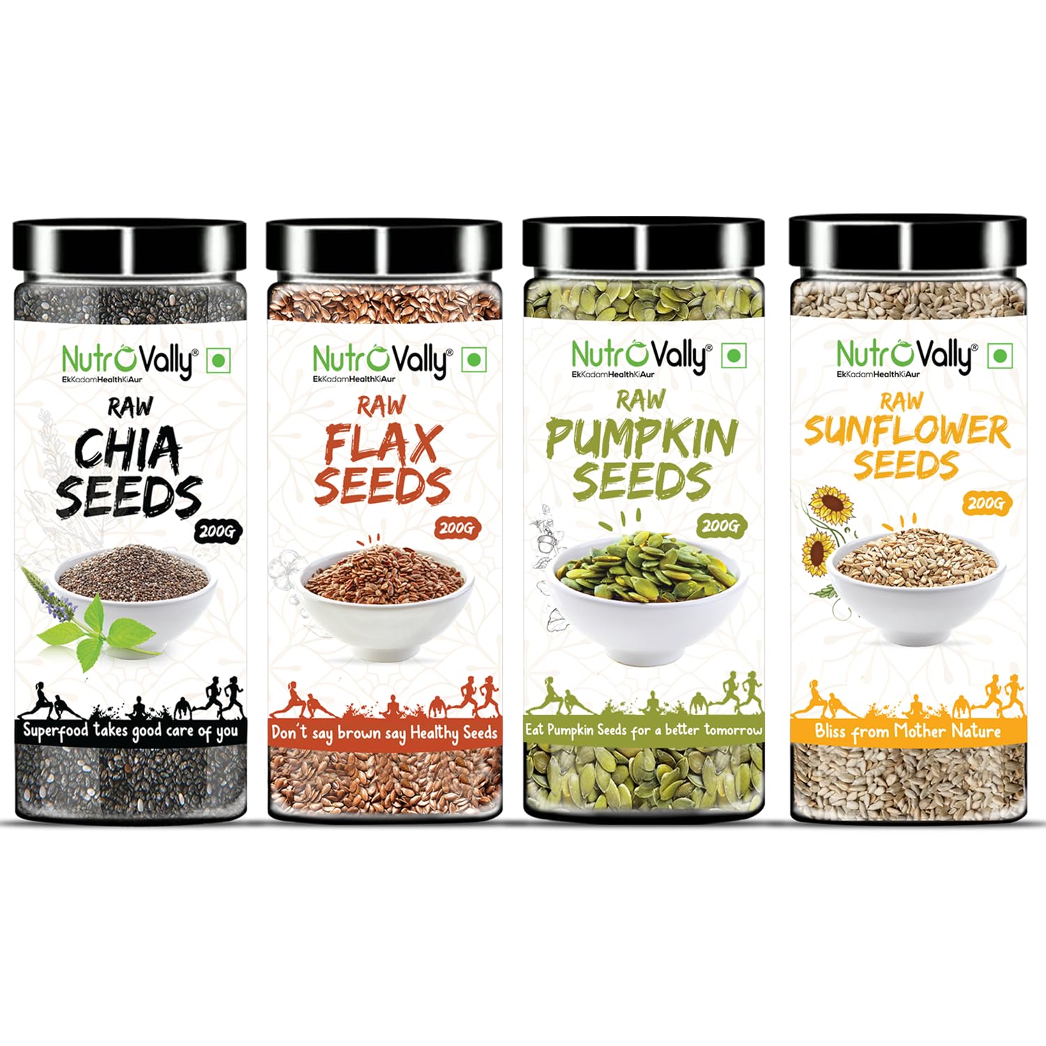 NutroVally Mix seeds for Weight Loss 800gm Pack of (200g*4) | Combo of Chia, Flax, Pumpkin, Sunflower Seeds-Loaded with Omega 3| Super Raw Seeds Mix For Eating 200gm Each Jar Pack (B0CGNQGFYS) Amazon Price History, Amazon Price Tracker