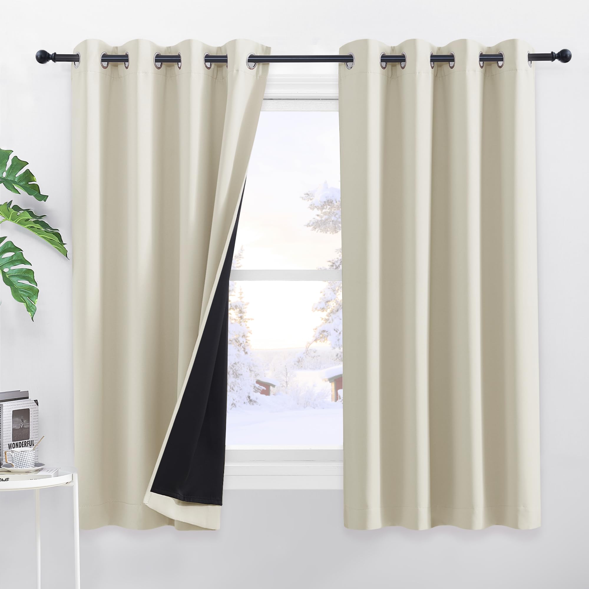 PONY DANCE Cortinas Beige Opacas 2 Piezas Cortinas Salon Cortas Cortinas Termicas Aislantes Frio y Calor Cortinas Opacas Aislantes Luz Cortinas Cortas para Ventanas, 140x145 CM, Beige Claro