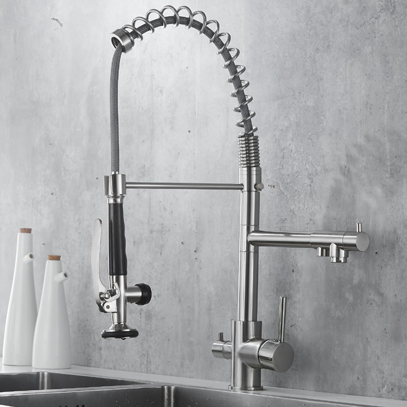 BHFPFZA 3 Way Kitchen Tap with Pull Out Ch h 360° Swivel Mixer Spout & Dual Lever Design for Kitchen Sink - Modern & Slish Kitchen Faucet