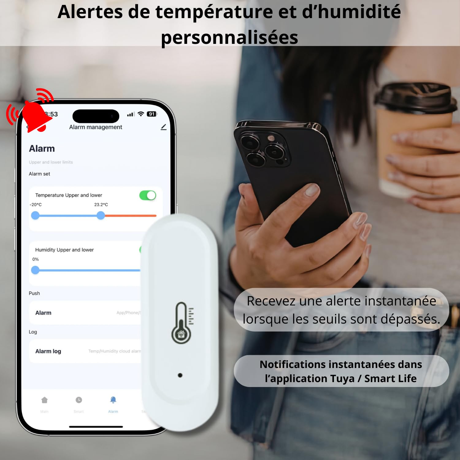 Sone Smart One Capteur Température Humidité WiFi IP65 Blanc | 2xaaa, sans écran, sans passerelle, app alarm, xlsx export