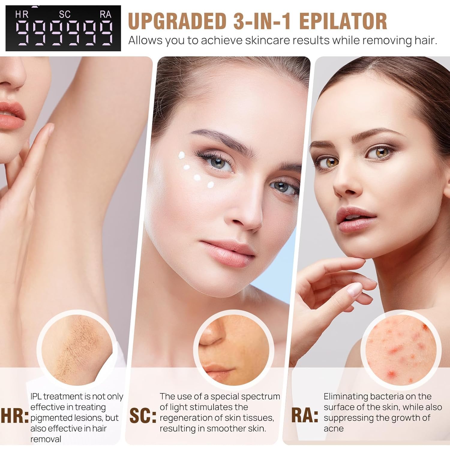Dispositivo De Depilación, Removedor De Vello Facial Y Corporal 3 En 1 Para Mujer Con 9 Niveles De Energía, Cambio Libre Manual/automático, Luz Indicadora De Flash, Para Mujeres Y Hombres, Facial