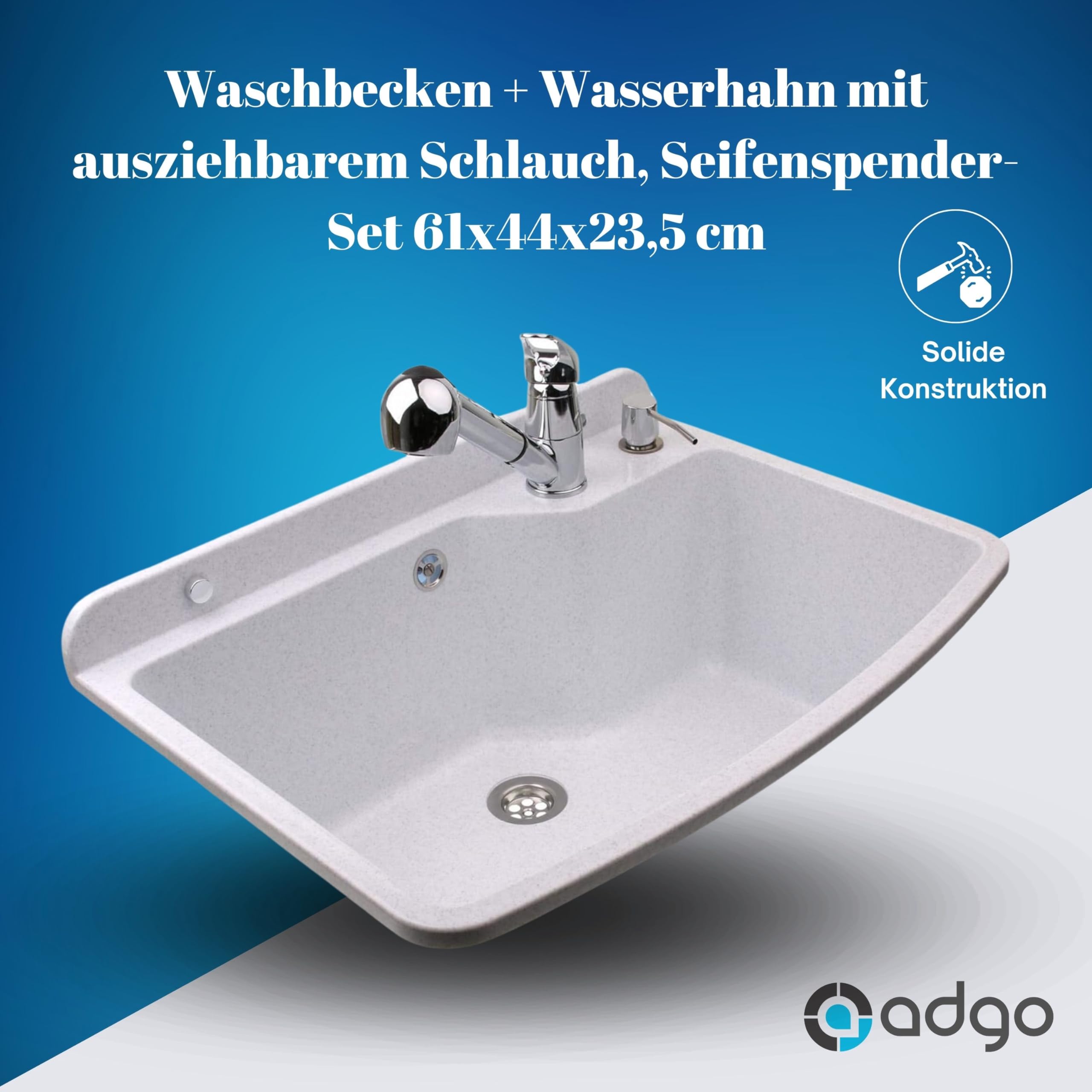 ADGO Lavello da Cucina a Camera Profonda per Uso Domestico con Batteria, Rubinetto e Contenitore per Dispenser di Sapone, per Giardino, Garage, Cantina, Bagni, Officina, Fabbrica Industriale, Bianco