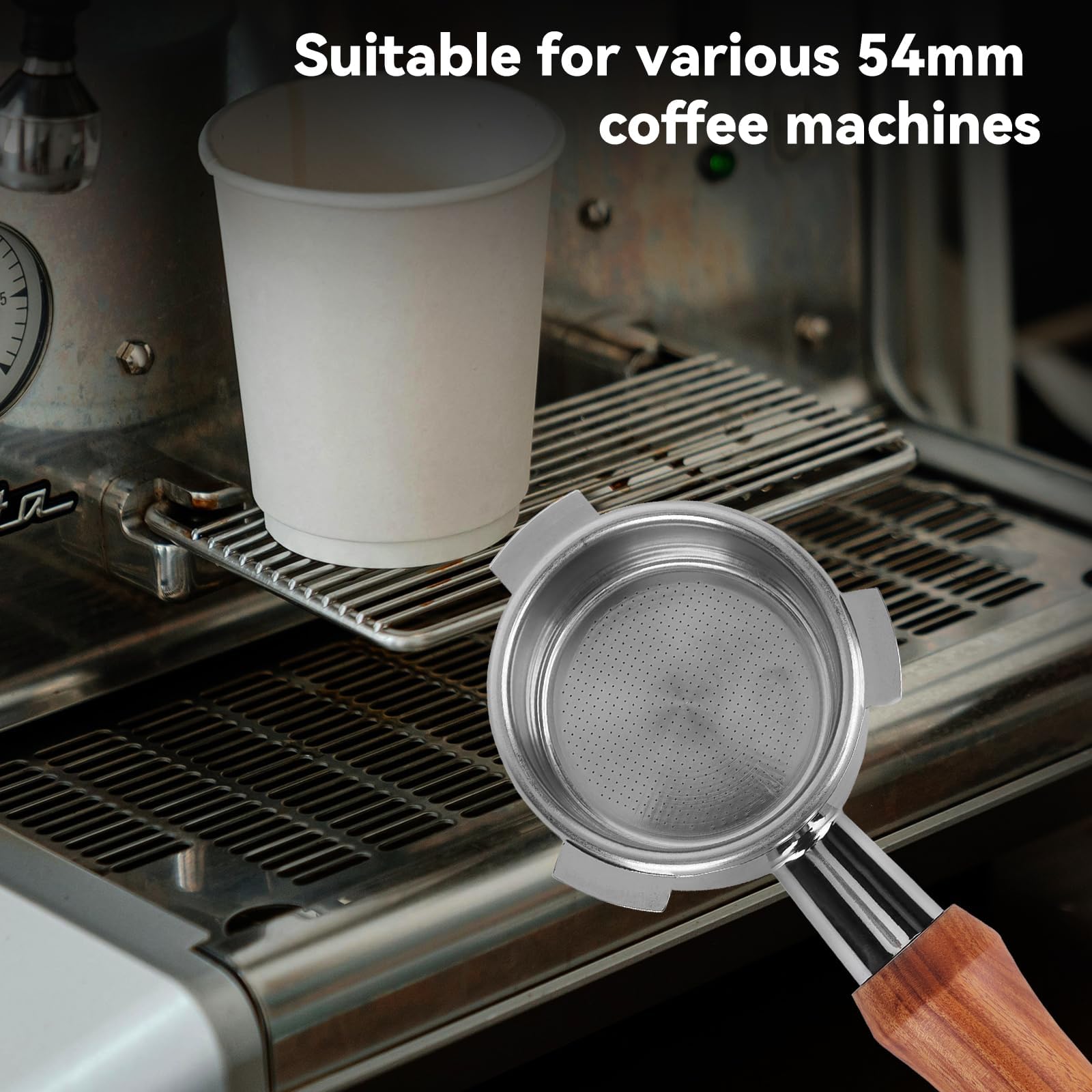 Portafiltro per caffè senza fondo da 54 mm con schermo a 2 dischi compatibile con Sage Breville Barista Series, Barista Express e altri modelli da 54 mm, portafiltro da 54 mm con manico in legno