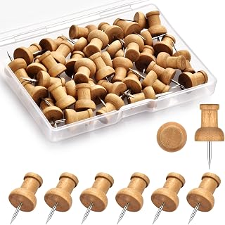 Dorbetar 40pcs Cute Wooden Push Pins Thumb Tacks for Cork Board, Bulletin Wall, Maps - Natural Wood Rust-Proof Steel