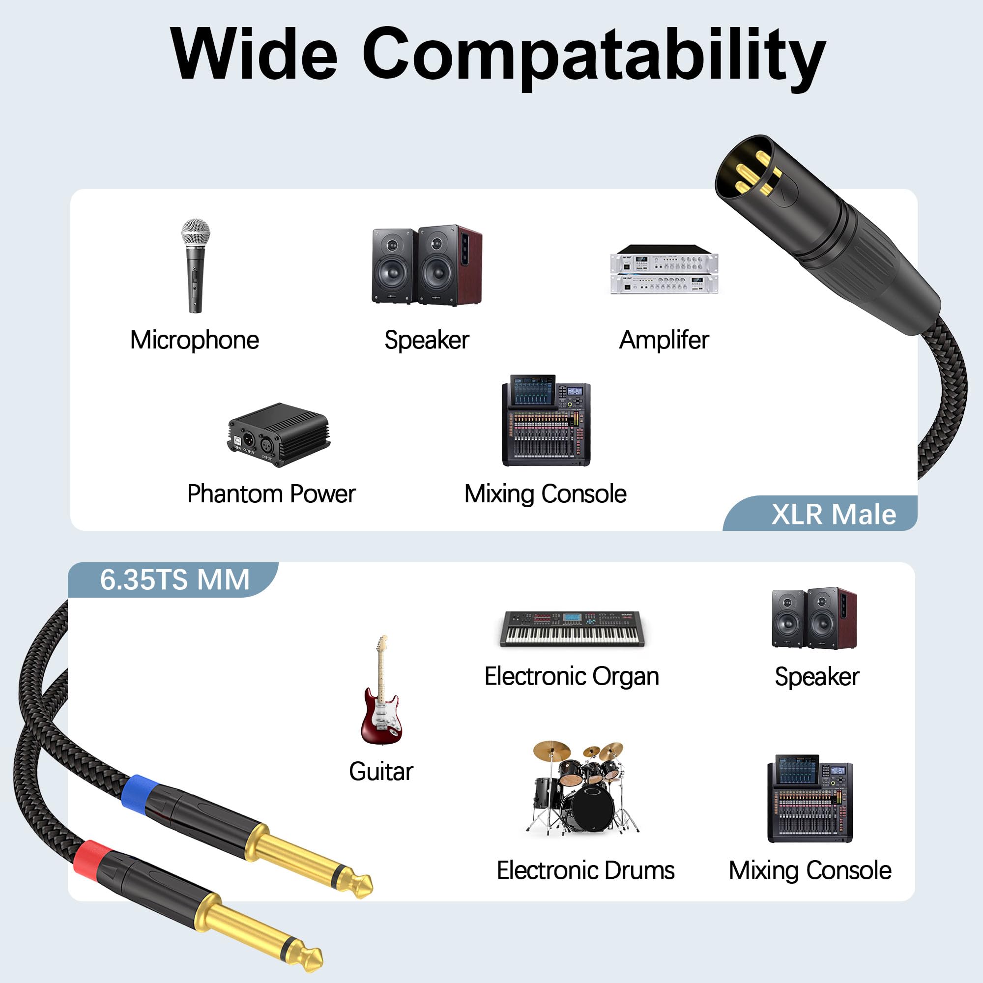 Cable divisor XLR macho a doble TS Y de 1/4 pulgadas de 6 pies, cable adaptador de micrófono trenzado de doble blindaje, XLR equilibrado a 2 mono TS de 1/4 pulgadas para mezclador, amplificador