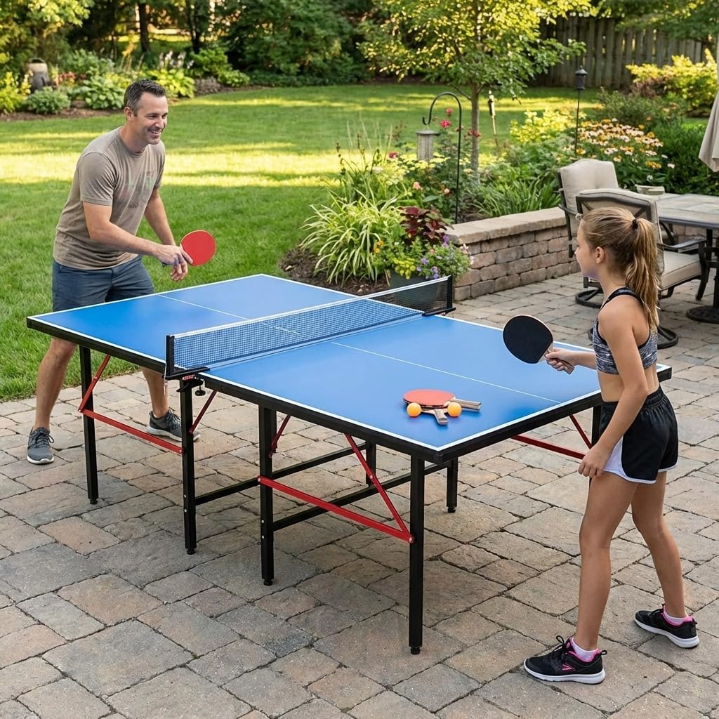 Foldable Portable Ping Pong Table Set, Table Tennis Table with Net and 2 Paddles, Compact Indoor Outdoor Table with Smooth Playing Surface for Home Garage or Backyard Use