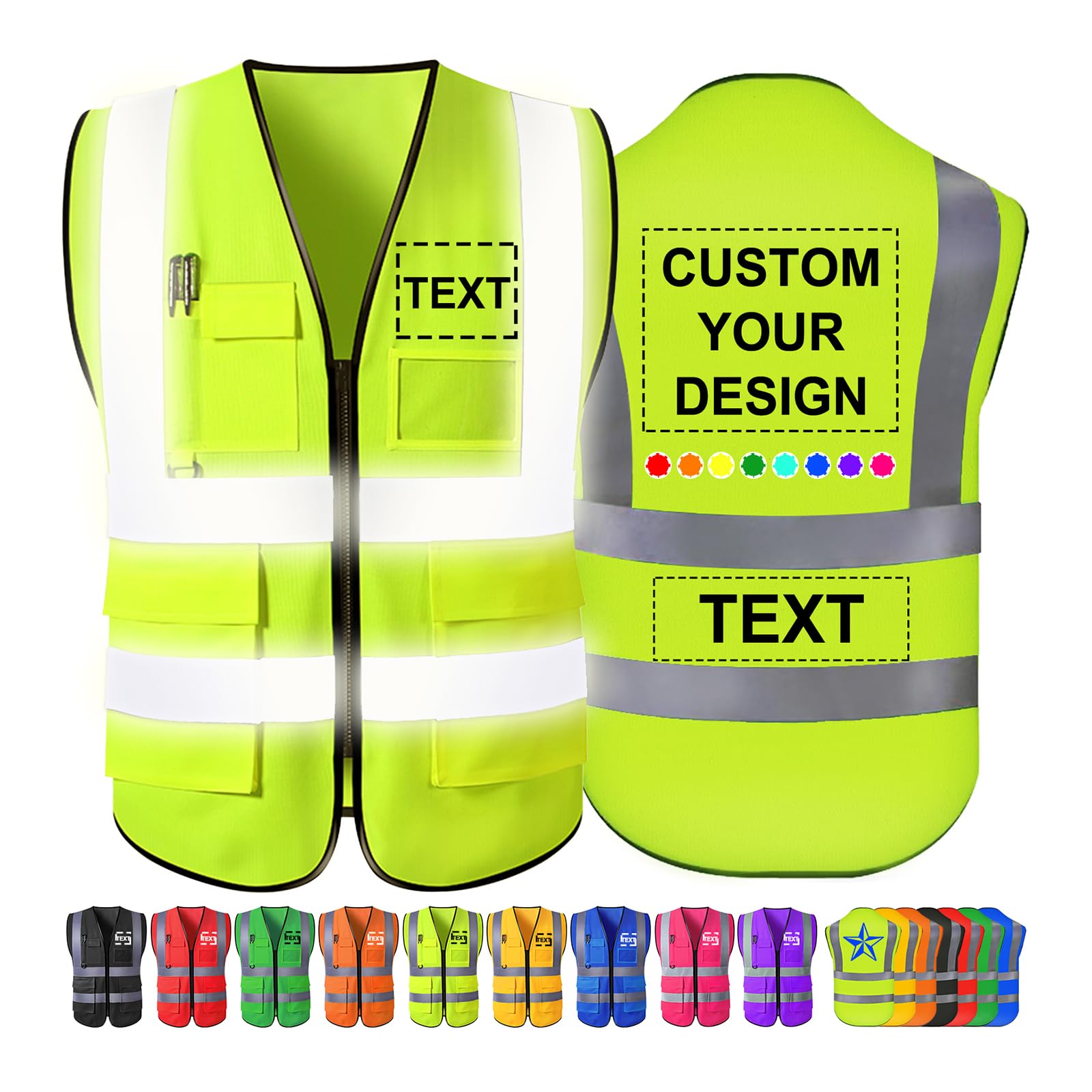 Custom Safety Vest Men Women High Visibility Reflective Personalised Logo Hi Vis Vests Pockets Zipper Construction Work,S-5XL
