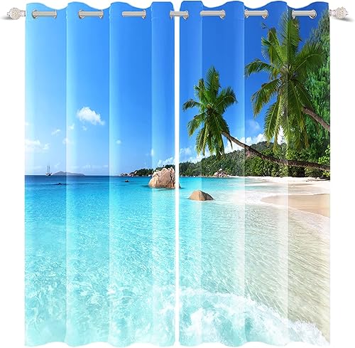 Renaiss Cortinas de ventana junto al mar, playa soleada, olas del océano, tratamiento de palmera de coco, cortinas opacas para hombre y mujer,