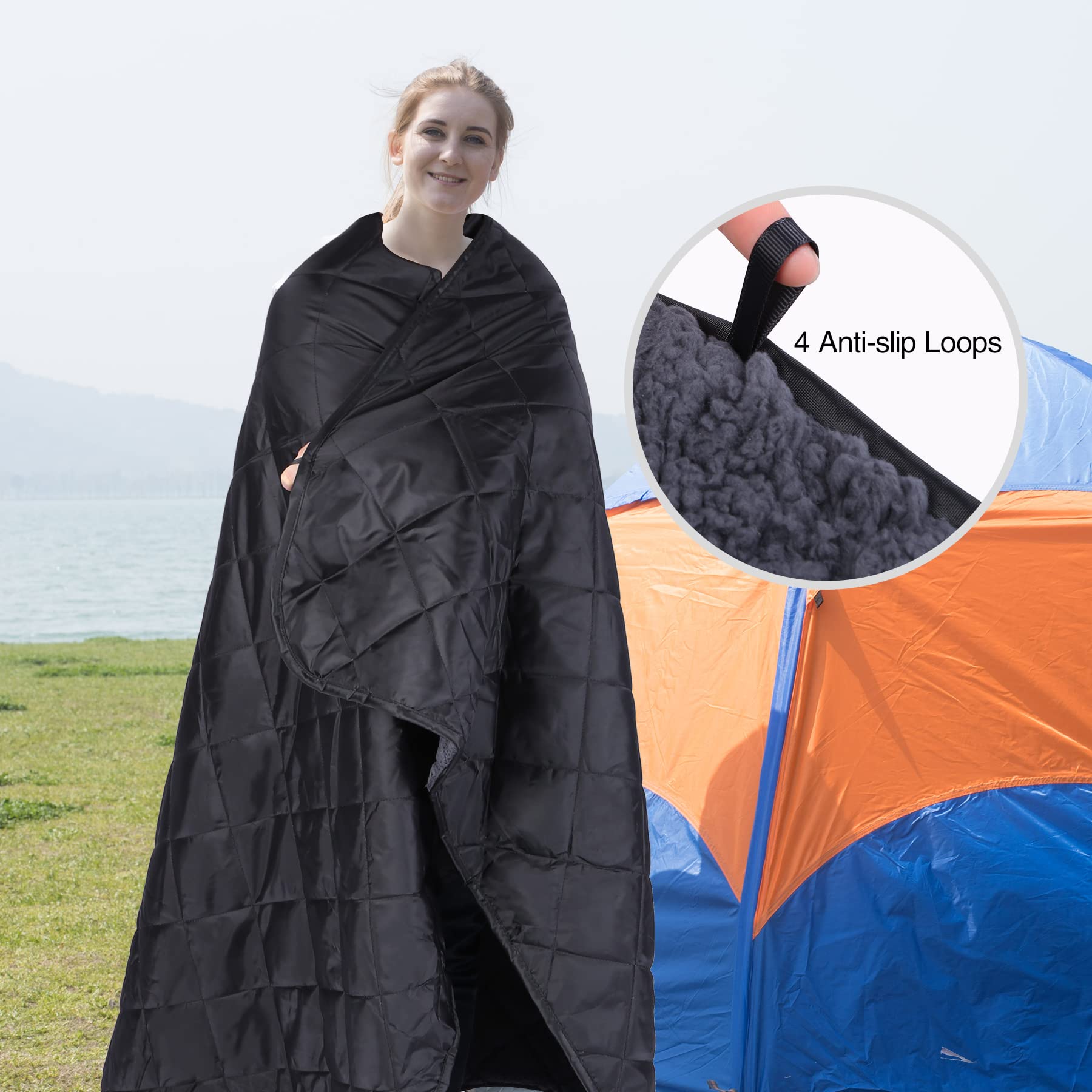 REDCAMP Coperta termica da campeggio impermeabile con fodera in sherpa, 200 x 150 cm, antivento, per esterni, per il freddo, stadio invernale, viaggi, sport, lavabile, nero